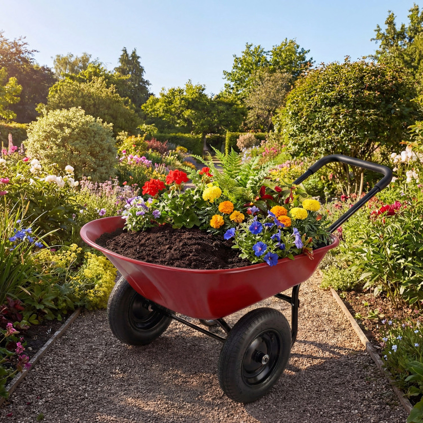 SUGIFT Steel 2-Tire Utility Dolly Garden Cart Wheelbarrow 54-in Frame 22-lb Net Weight Patio Warehouse Farm Use Red
