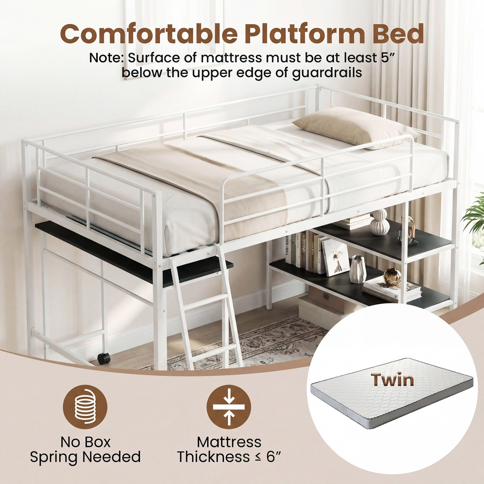 SUGIFT Twin Loft Bed with Rolling Desk and Bookshelf Platform Frame 250-lb Capacity Twin Mattress Black/White