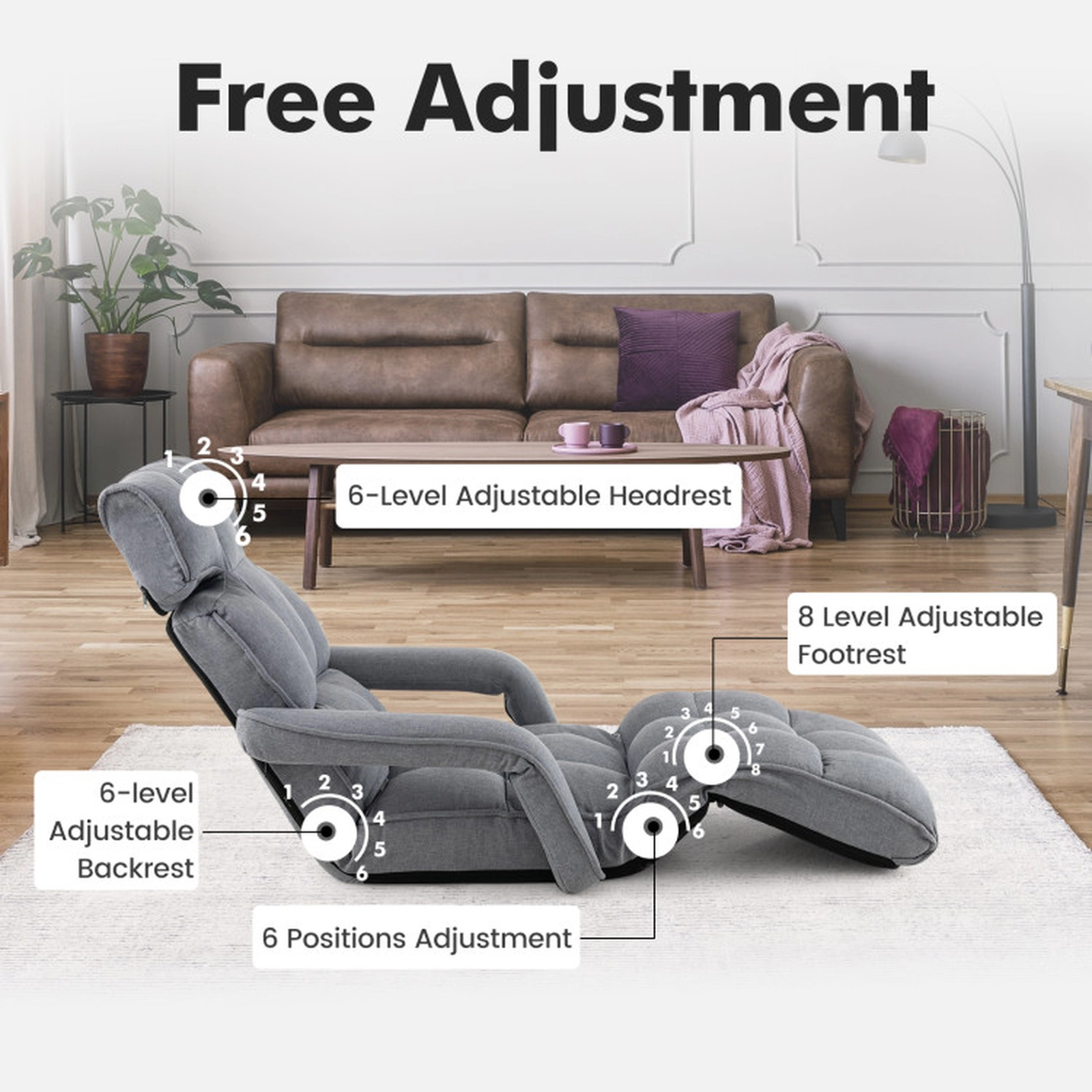 SUGIFT 6-Position Adjustable Floor Chair with Adjustable Armrests and 8-Position Footrest 300-Lb Capacity Gray/Dark Gray