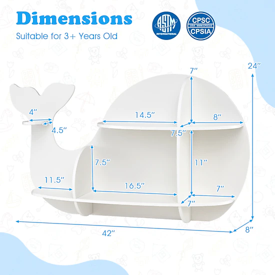 SUGIFT Set of 2 11-lb Floating Dolphin Wall Mounted Kids Bookshelves with Rounded Edges and Expansion Screws