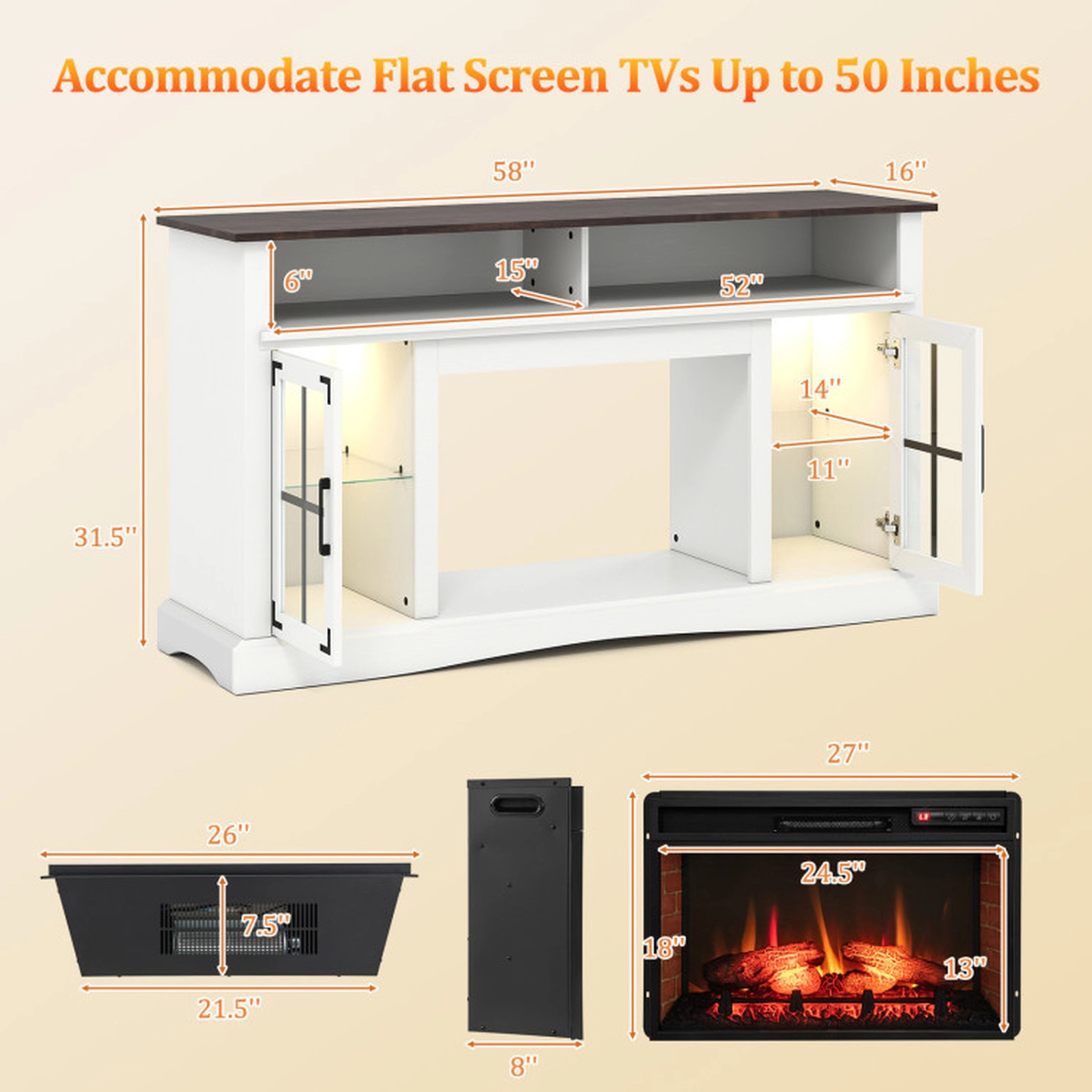 SUGIFT 1400W Electric Fireplace RGB LED Lights TV Stand 58-in x 16-in x 31.5-in 225-lb Capacity 50-in TV White