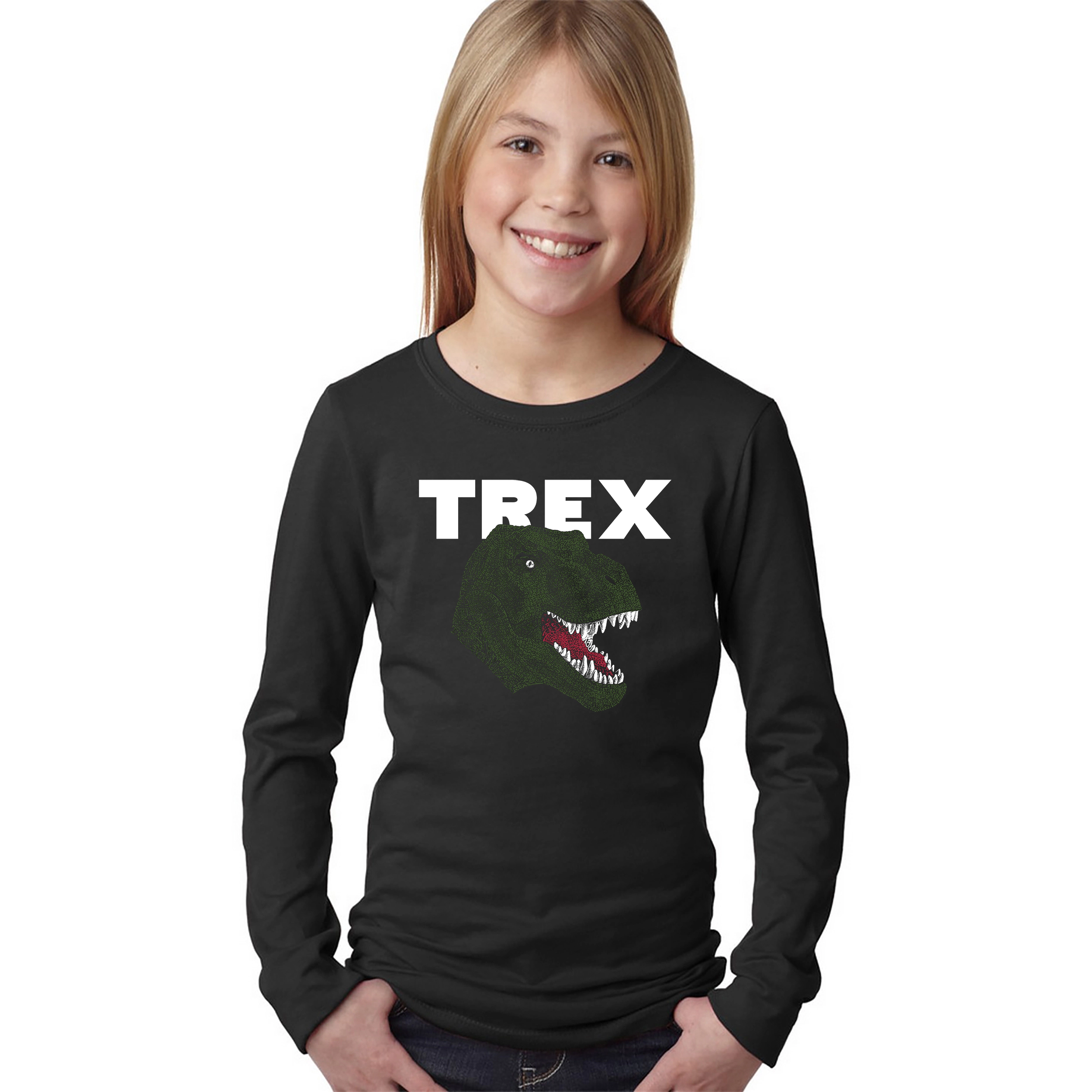 LA Pop Art Girls Long Sleeve Word T-Shirt - T-Rex Head