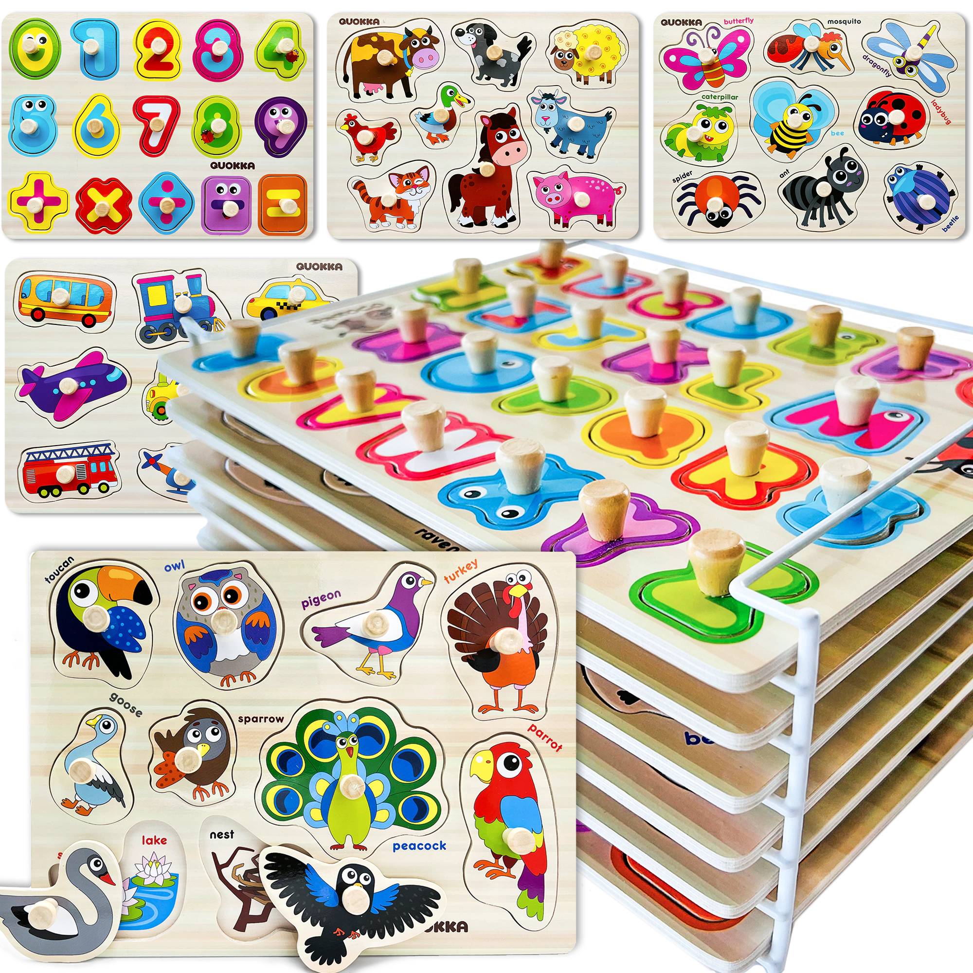 QUOKKA Wooden Puzzle Set for Toddlers Ages 1–4, Alphabet, Numbers & Animal Puzzles, 6–8 Pack