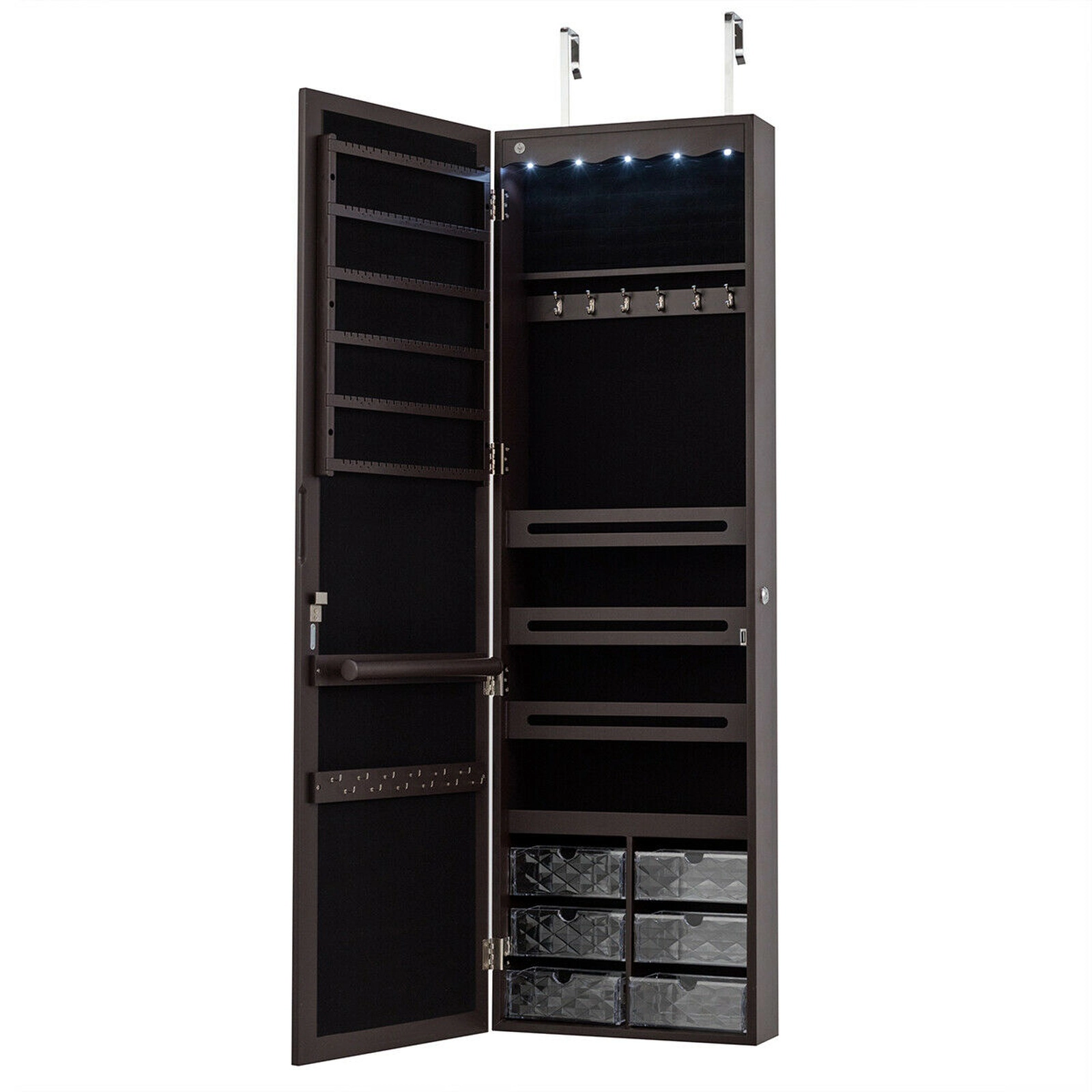 SUGIFT 5-LED Wall Mounted or Door Hanging Jewelry Armoire with Full Length Mirror 47.5-in Tall MDF Cabinet Brown
