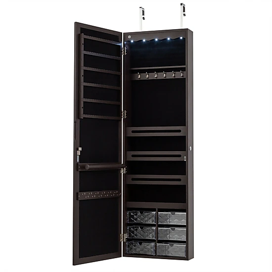SUGIFT 5-LED Wall Mounted or Door Hanging Jewelry Armoire with Full Length Mirror 47.5-in Tall MDF Cabinet Brown