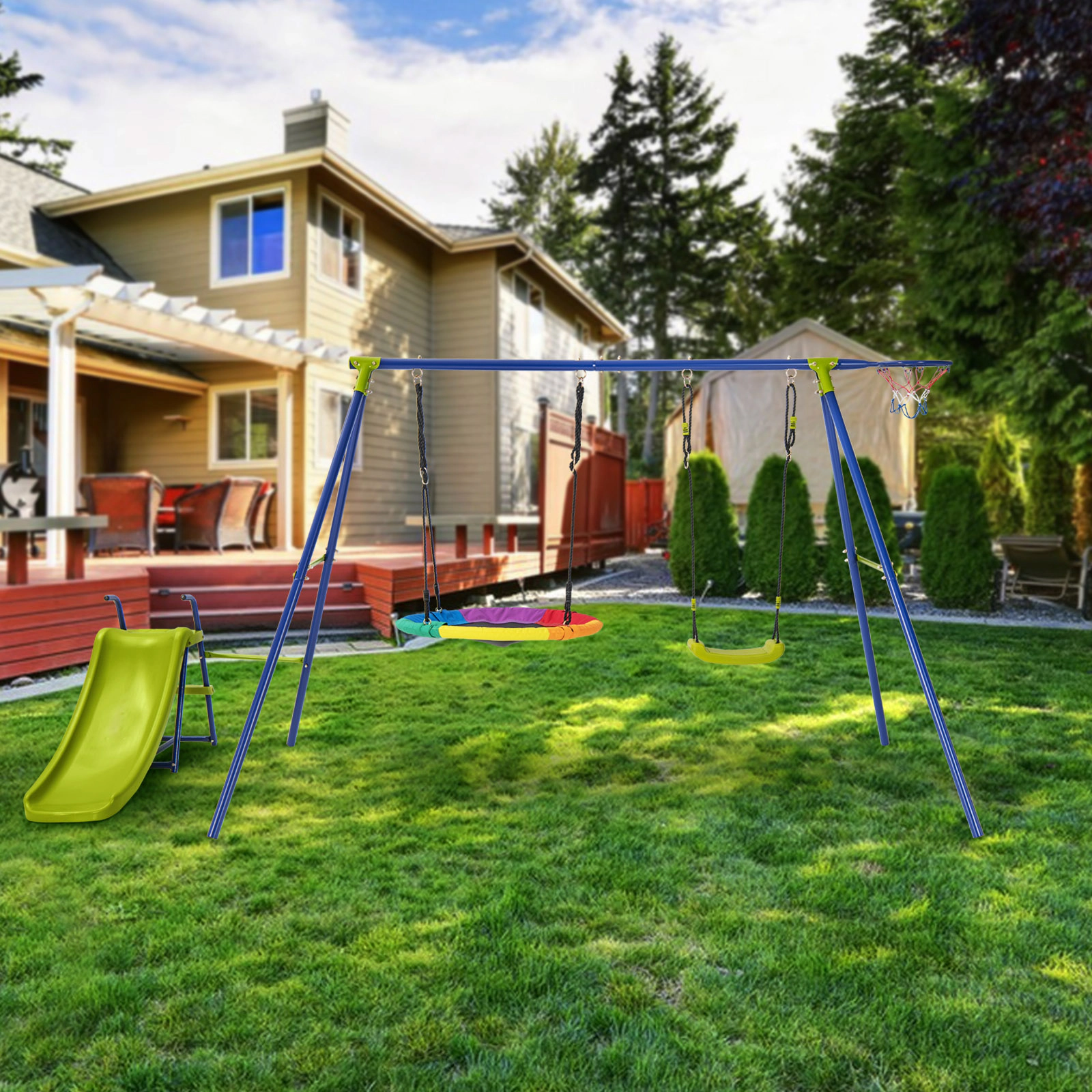 SUGIFT 4-in-1 Heavy-Duty Metal Kids Playset with Slide 32.5-in Saucer Swing Belt Swing and Basketball Hoop