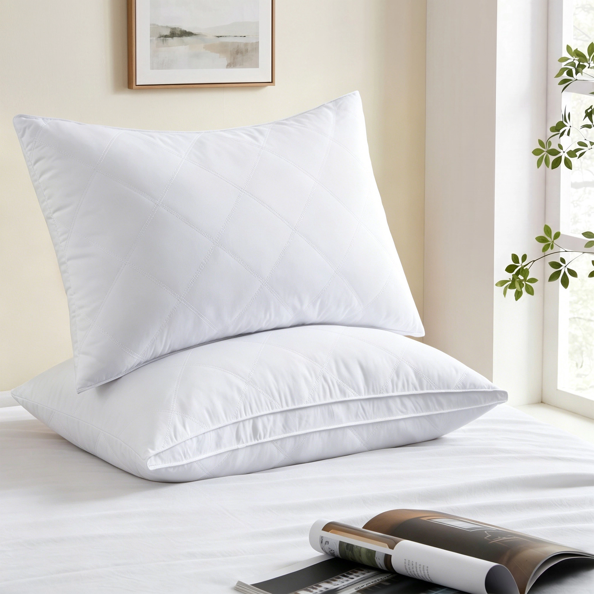 PEACENEST Goose Feather Gusseted Bed Pillows,Medium Support,Set of 2