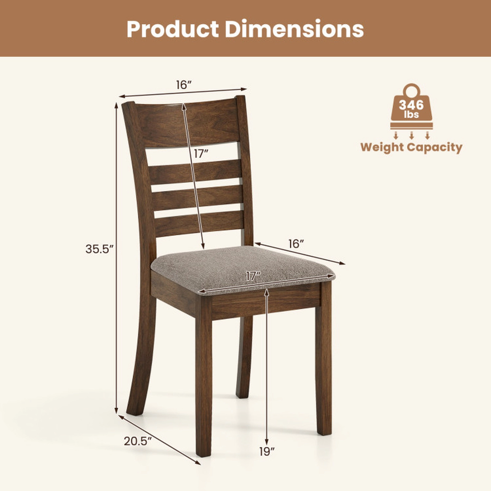 SUGIFT Set of 4 Rubber Wood Slatted Back Upholstered Dining Chairs 17-in x 20.5-in x 35.5-in 346-lb Capacity Brown