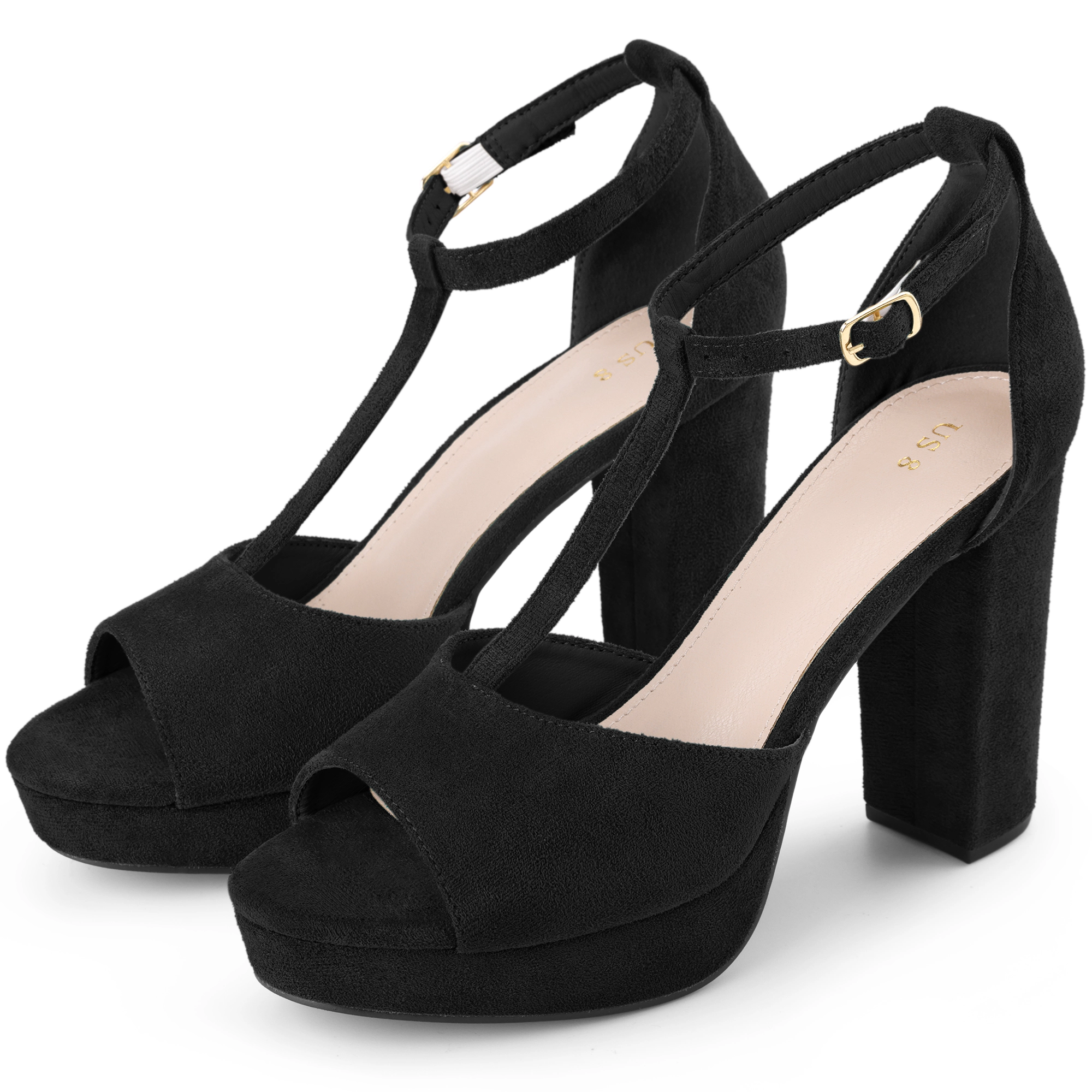 BLISSFUL STEP Women's T-Strap Platform Chunky High Heel Sandals