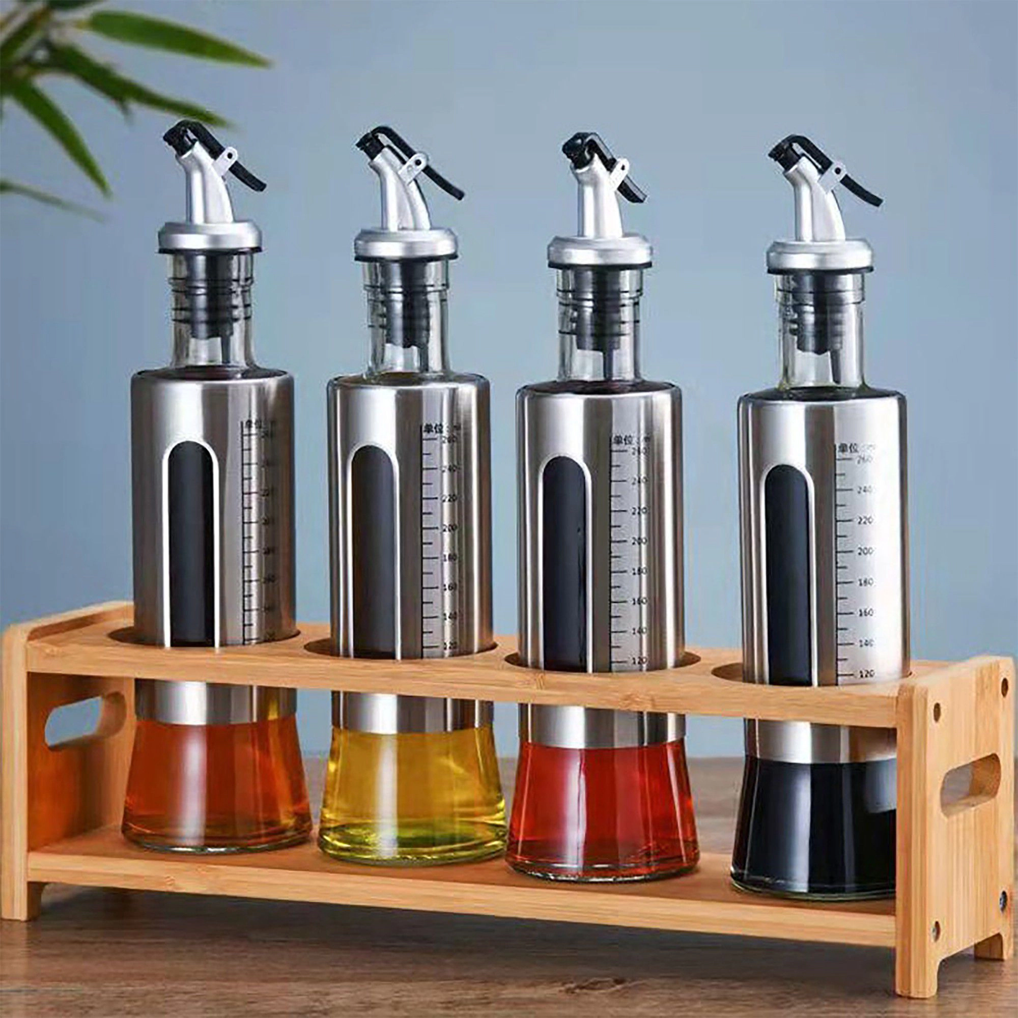 Alilang Women Glass Oil Dispenser Bottle with Stainless Steel Sleeve and Measuring Marks
