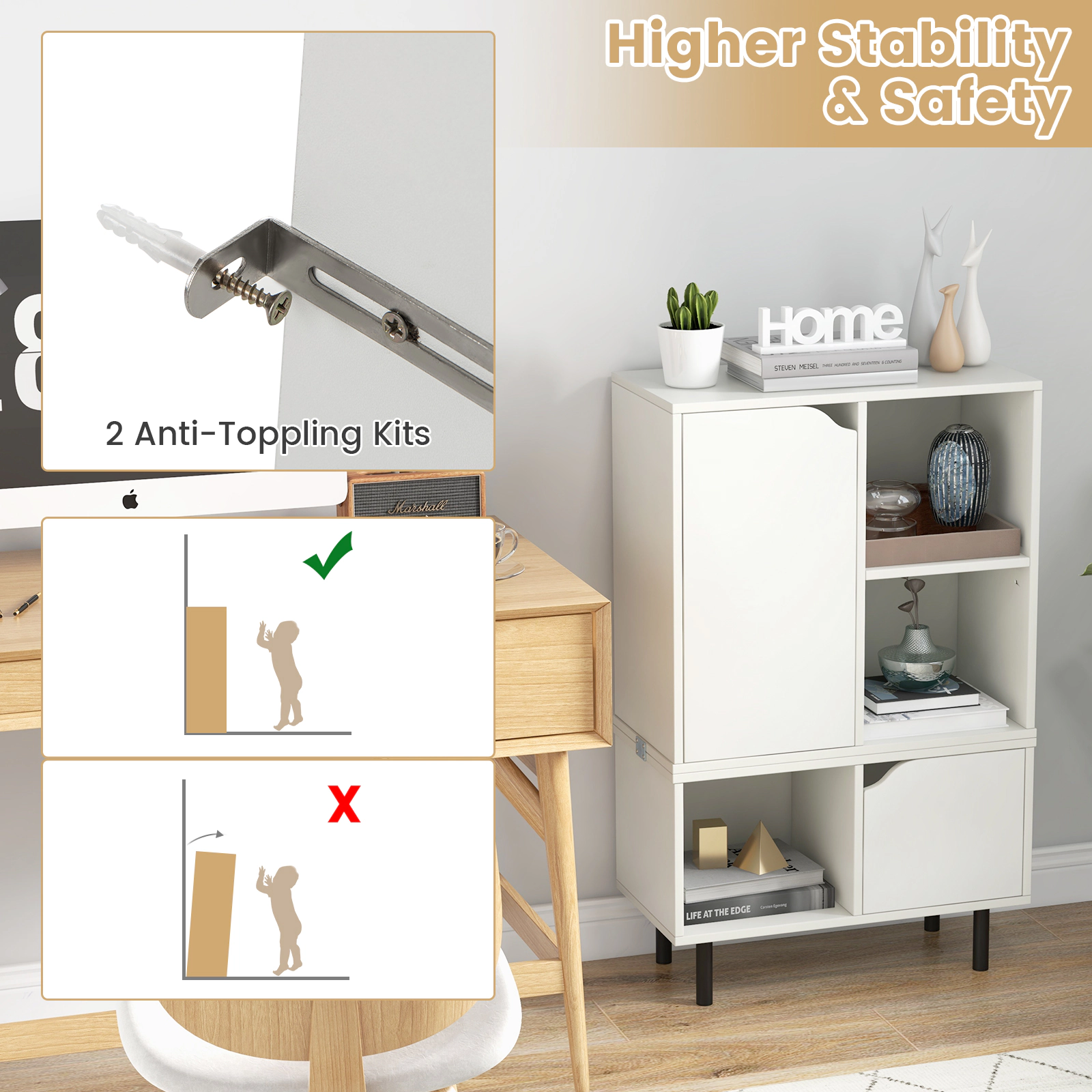 SUGIFT White 38-in Small Stackable Bookshelf with 3-Position Adjustable Shelf Cabinet and Open Cubes
