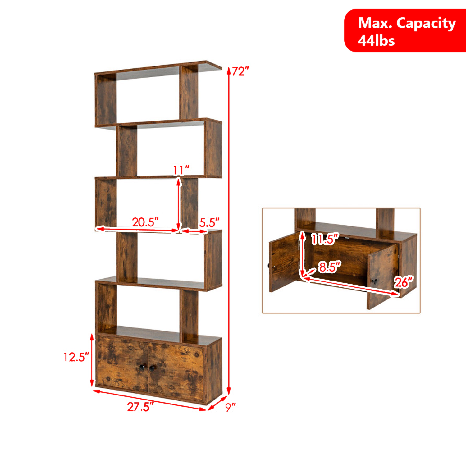 Hivvago 6-Tier Geometric Display Bookcase with Closed Cabinet Compartments
