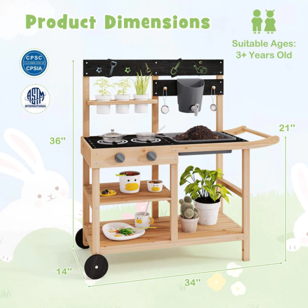 Hivvago Outdoor Fir Wood Play Kitchen with Blackboard and Planting Pots-Natural