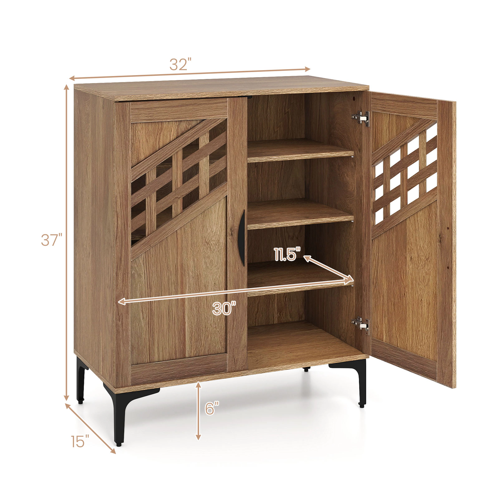 SUGIFT 4 Tier Farmhouse Shoe Storage Cabinet with Removable Shelves and Metal Legs 180-lb Capacity Walnut
