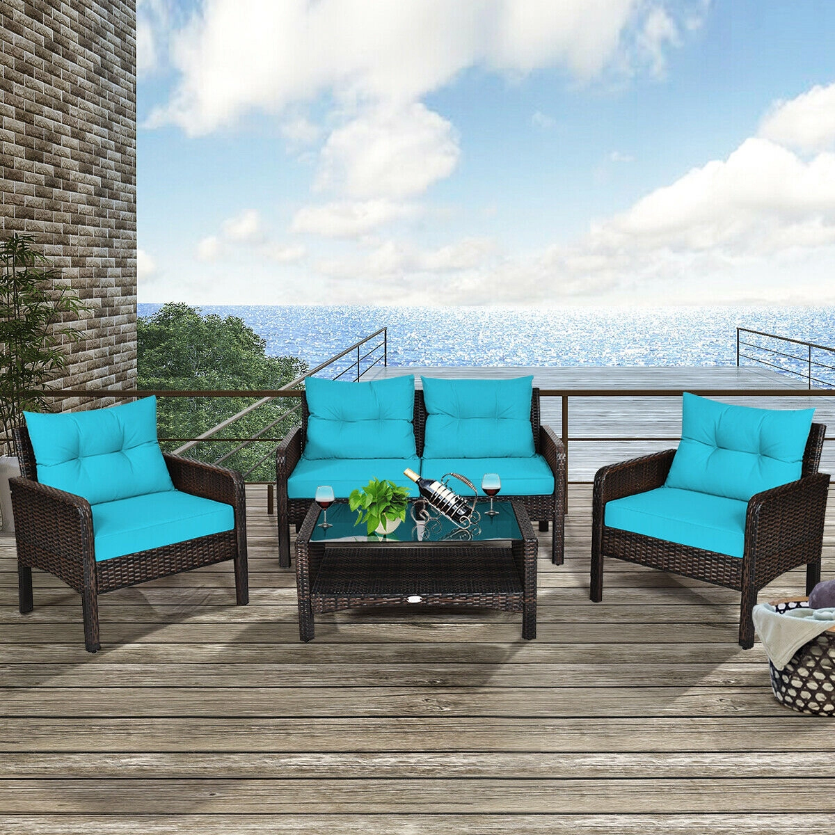 LJG 4 Pieces Outdoor Rattan Wicker Loveseat Furniture Set with Cushions