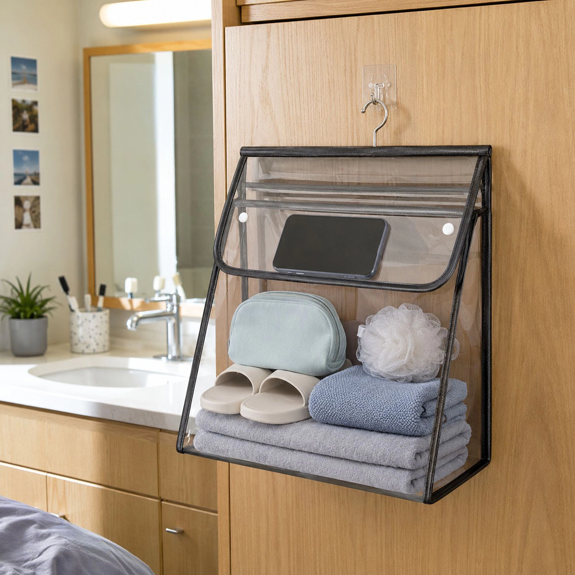 Alilang Women Clear Hanging Wall Storage Bag with Snap Flap Hook Bathroom Organizer
