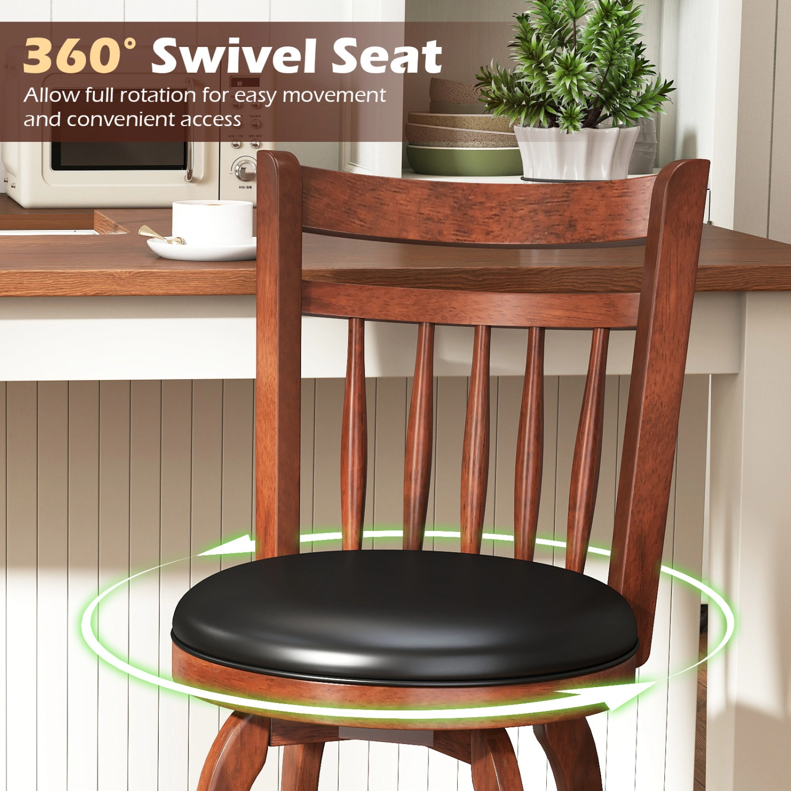 SUGIFT Set of 2 24-Inch Counter-Height Swivel Stools, Faux Leather, Curved Back, Footrest