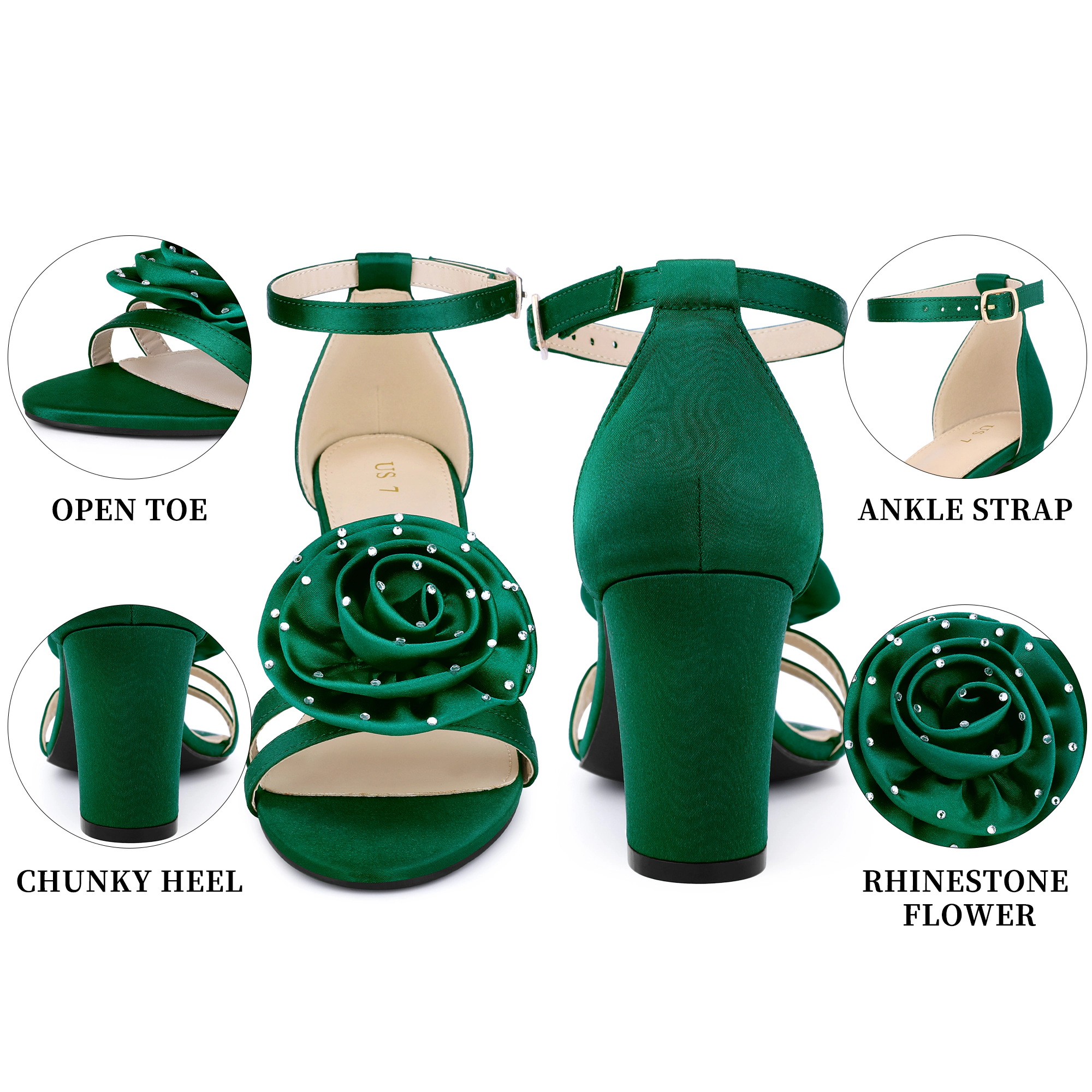 BLISSFUL STEP Women's Wedding Flower Ankle Strap Chunky Heel Sandals