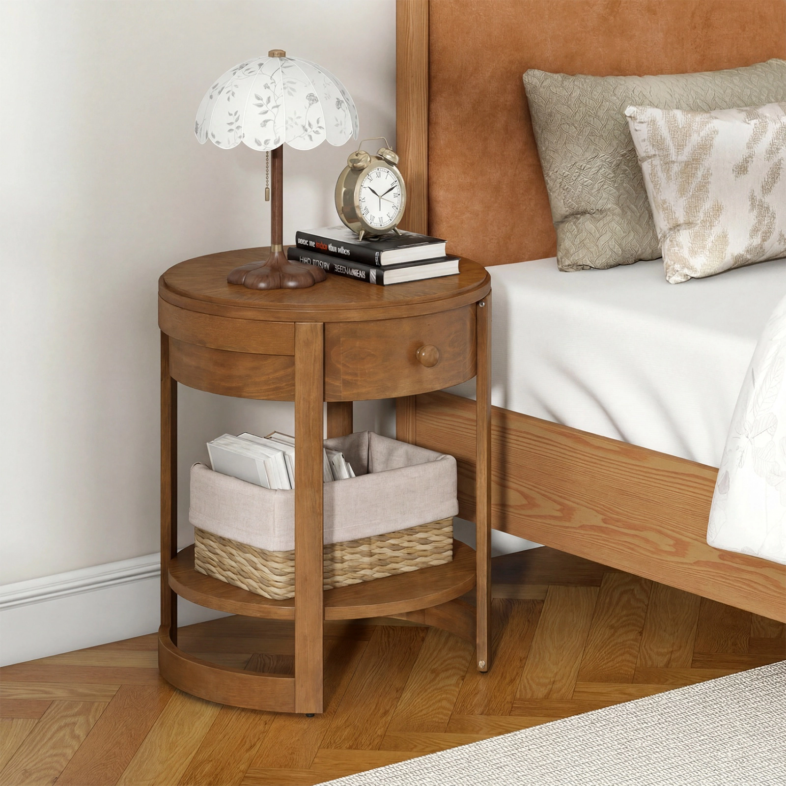 SUGIFT 2-Tier Round End Table with Drawer 190-lb Tabletop Capacity Mid Century Nightstand Brown/White