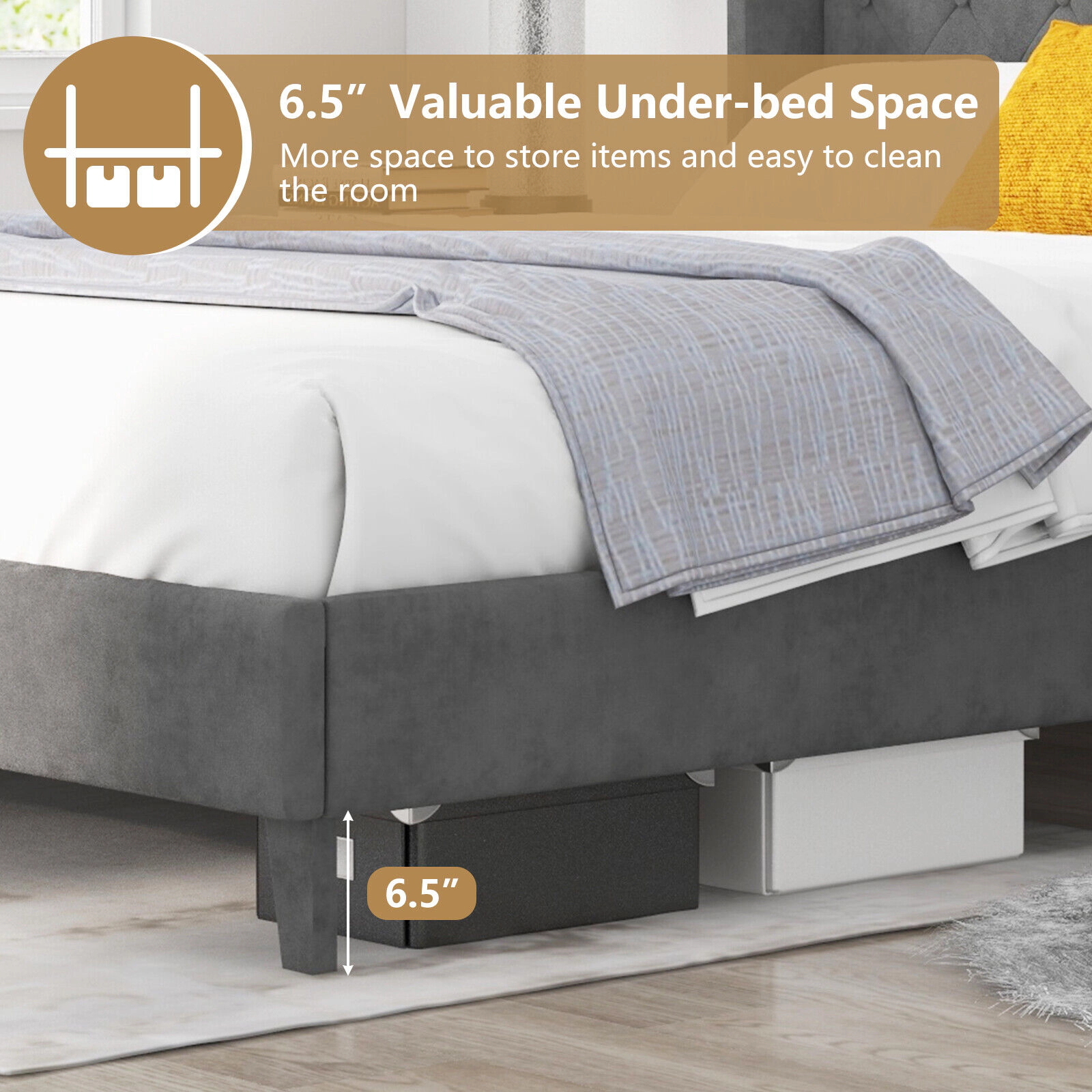 SUGIFT Full/Queen Upholstered Platform Bed Frame with Button Tufted 44-in Headboard 1000-lb Capacity Gray