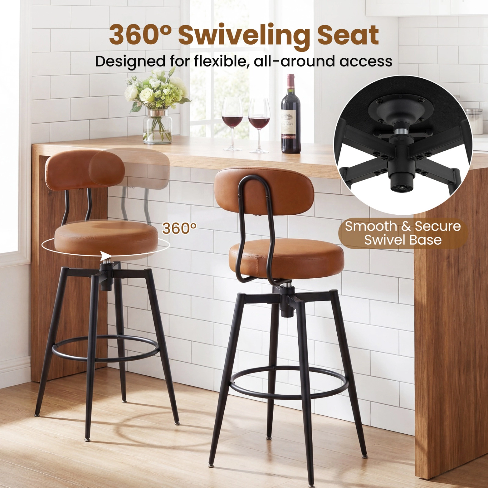 SUGIFT Set of 2 360° Swivel Bar Height Faux Leather Upholstered Bar Stools 330-Lb Capacity 30-in Seat Brown