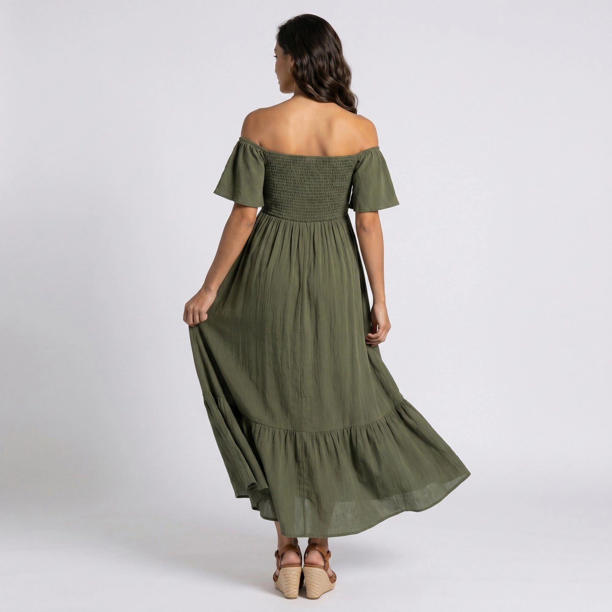 Anna-Kaci Women's Off Shoulder Smocked Bodice Front Slit Maternity Maxi Dress
