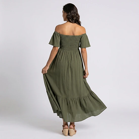 Anna-Kaci Women's Off Shoulder Smocked Bodice Front Slit Maternity Maxi Dress