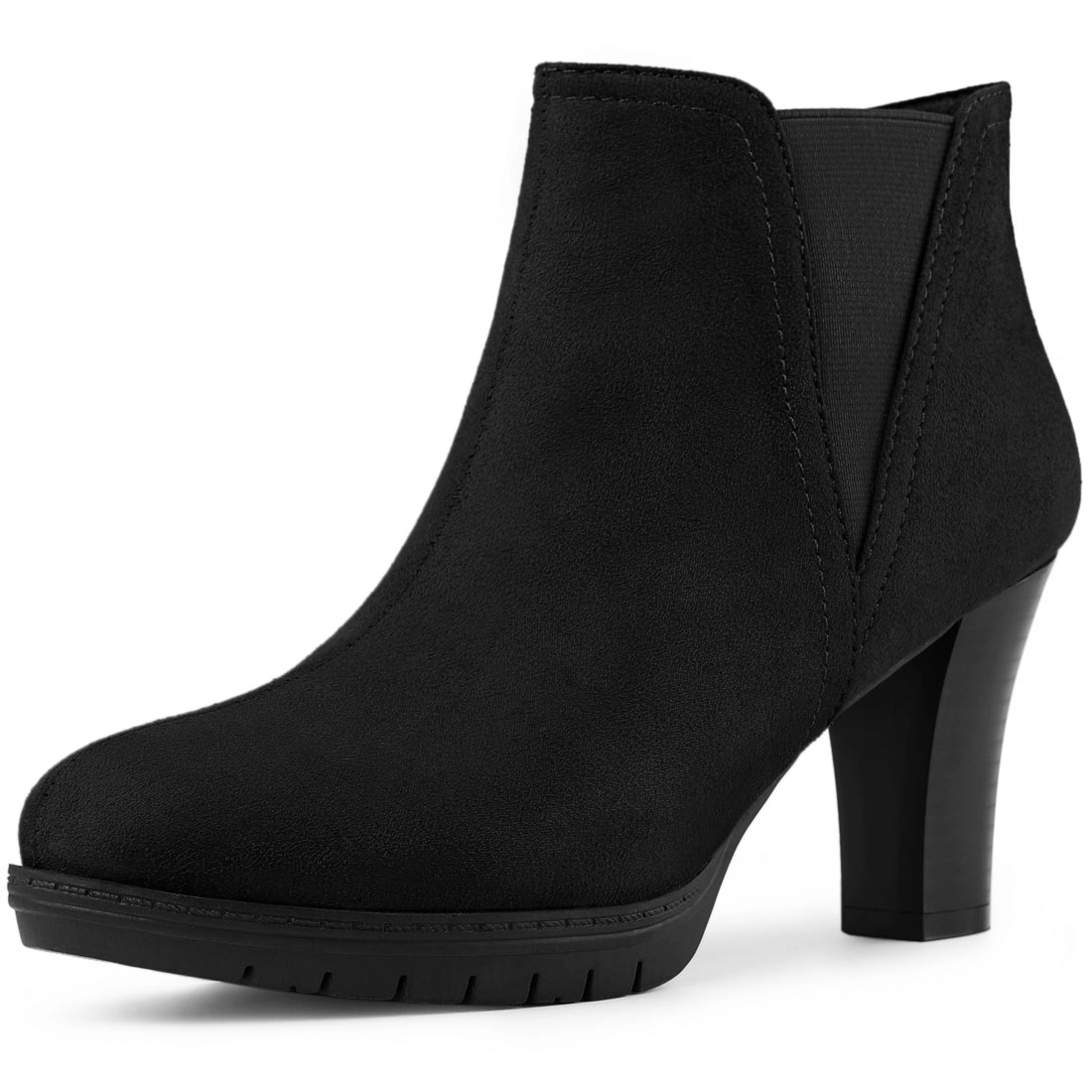 BLISSFUL STEP Women Faux Suede Round Toe Block Heels Chelsea Ankle Boots