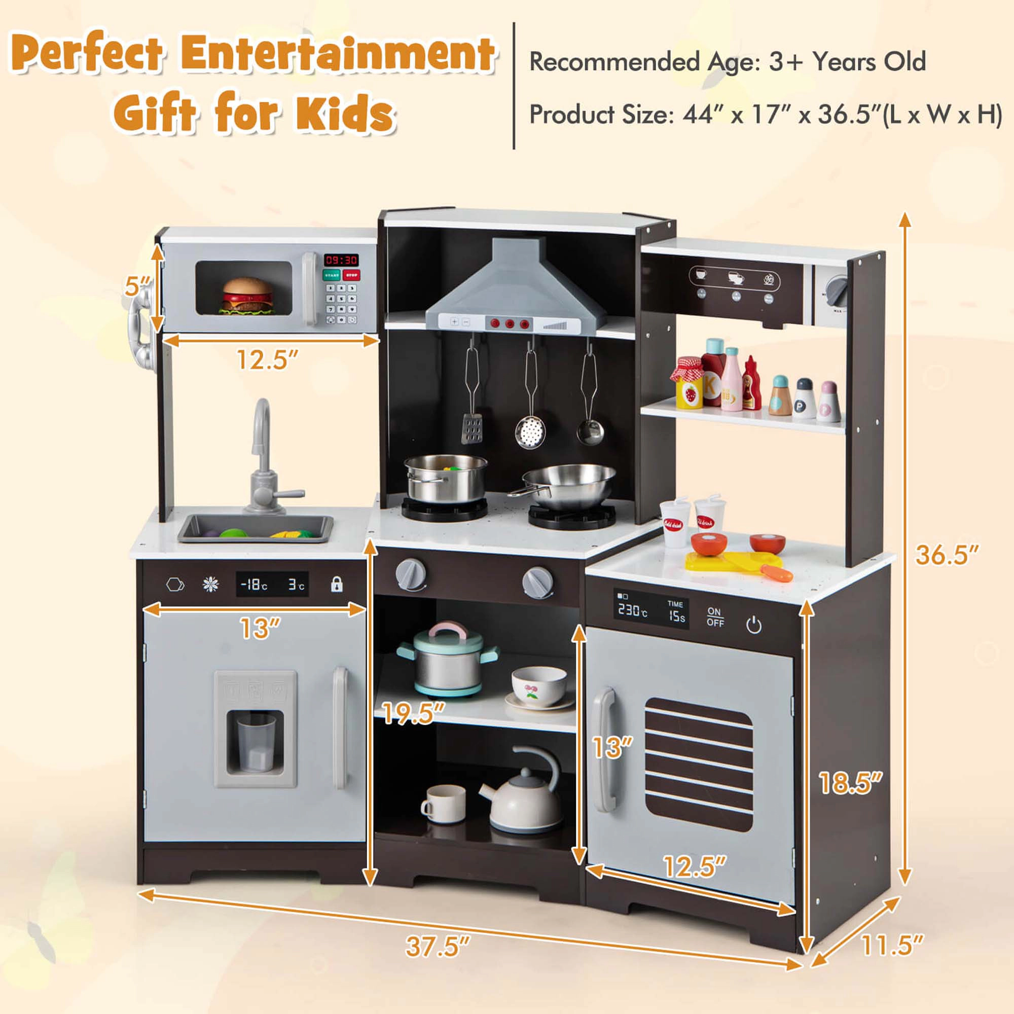 Costway Pretend Play Kitchen for Kids Toddler Aged 3+ Wooden Toy Set with Range Hood Brown