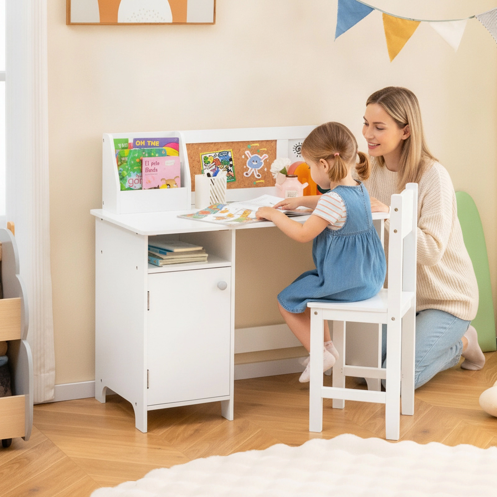 SUGIFT Kids Study Desk and Chair Set with Cork Board, Magnetic Whiteboard and Storage