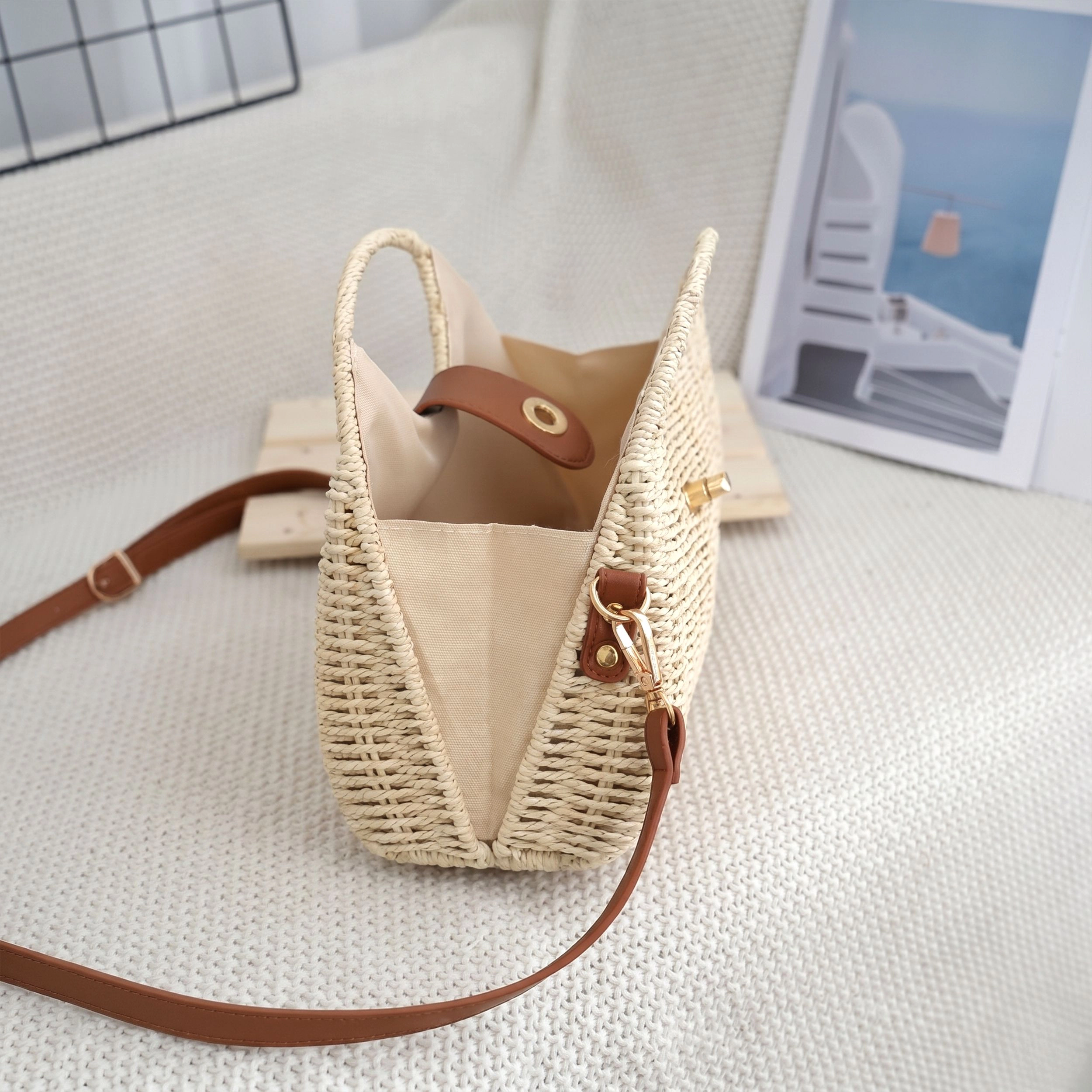 Alilang Women's Woven Straw Crossbody Bag with Top Handle Adjustable Strap Crochet Handbag, Beige