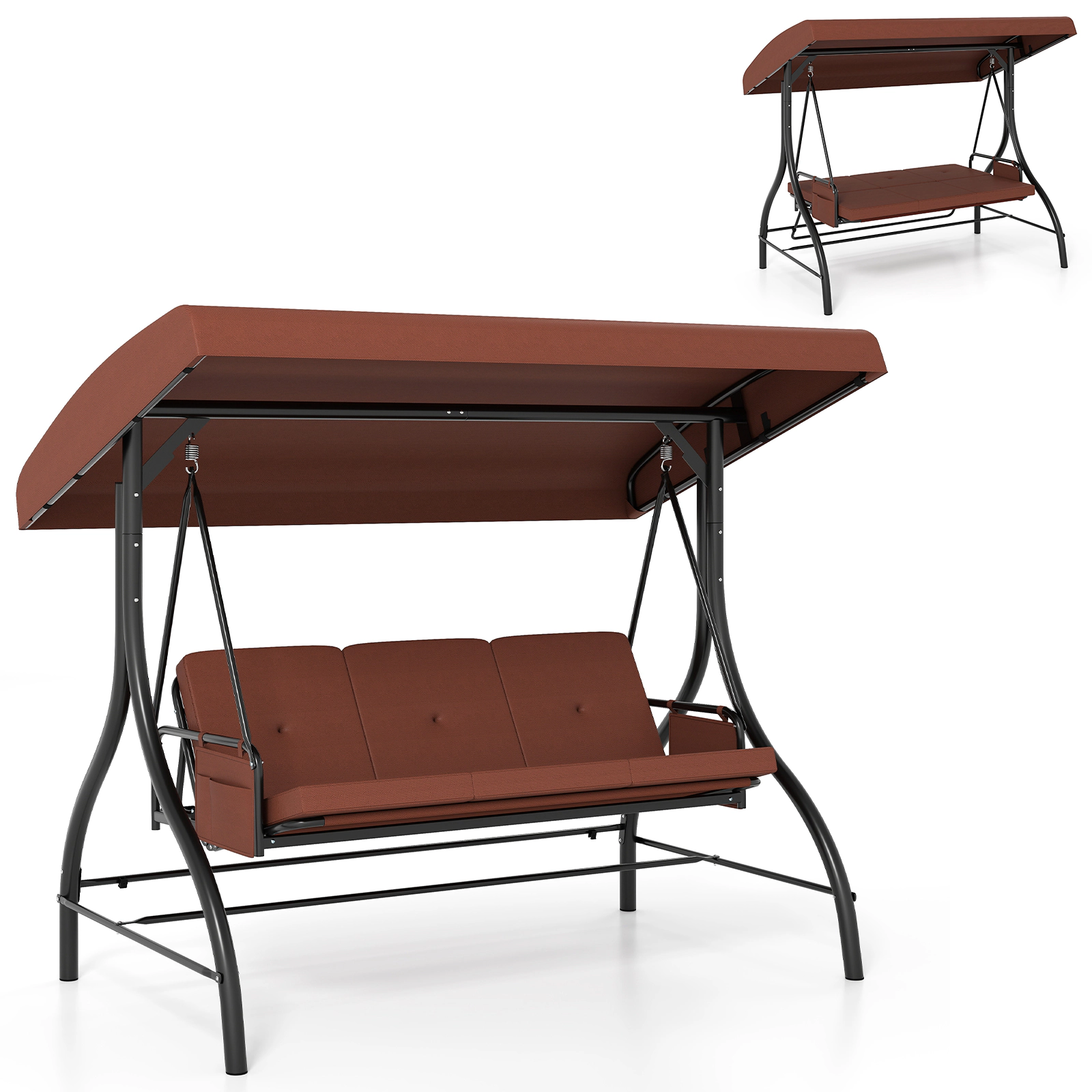 LJG 3-Piece Patio Swing with Canopy Removable Cushions and Side Pockets