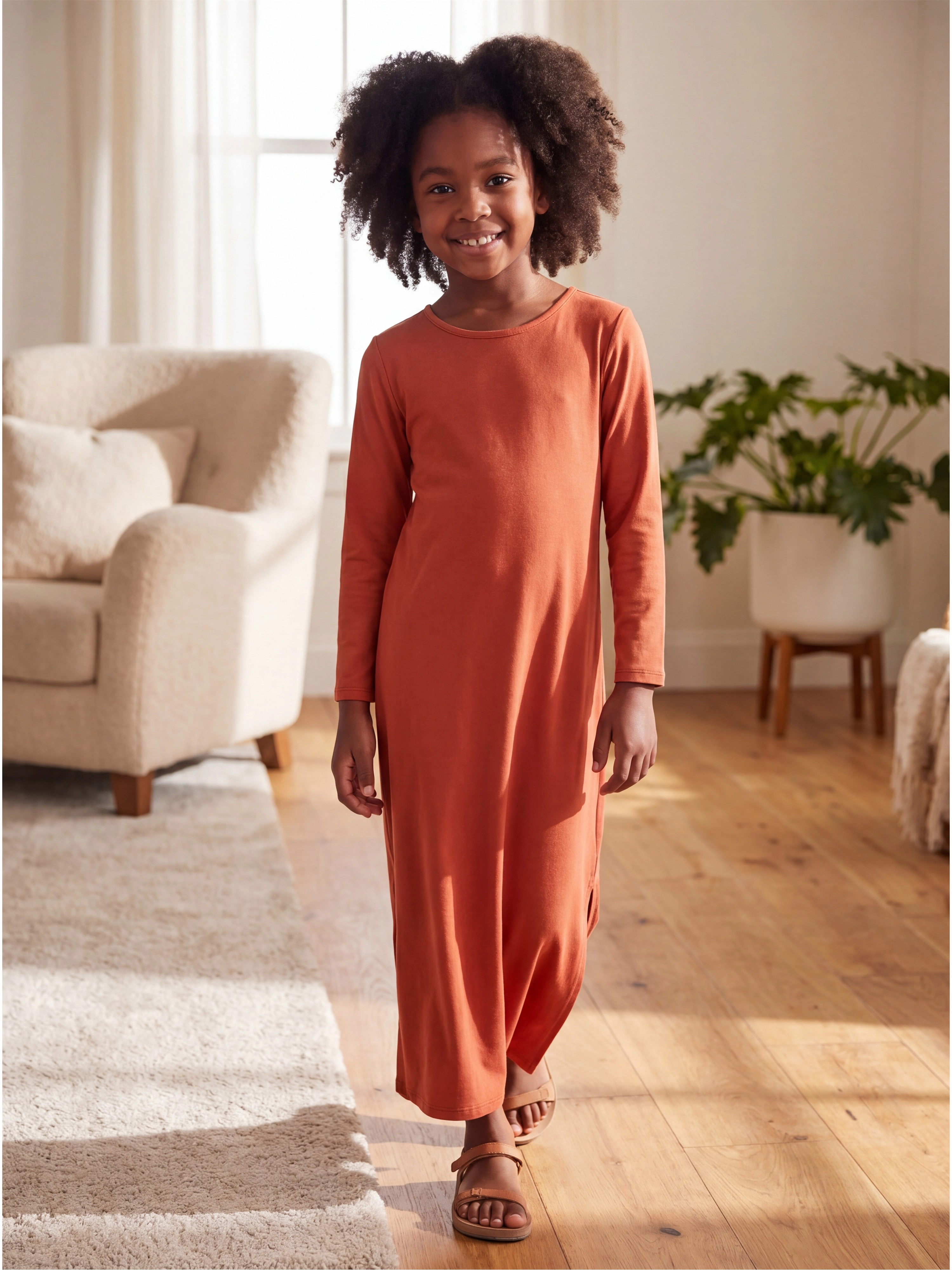 24sevenKid Essential Girls Long Sleeve Side Slit Maxi Dress Solid Color