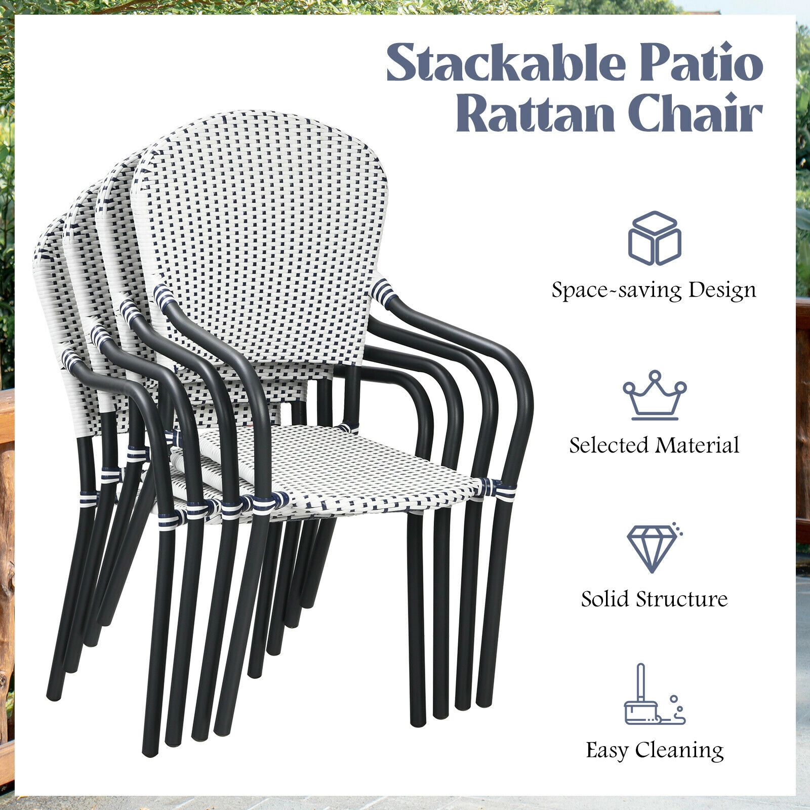 SUGIFT White Rattan Stackable Curved Armrests Garden Set of 4 Patio Dining Chairs