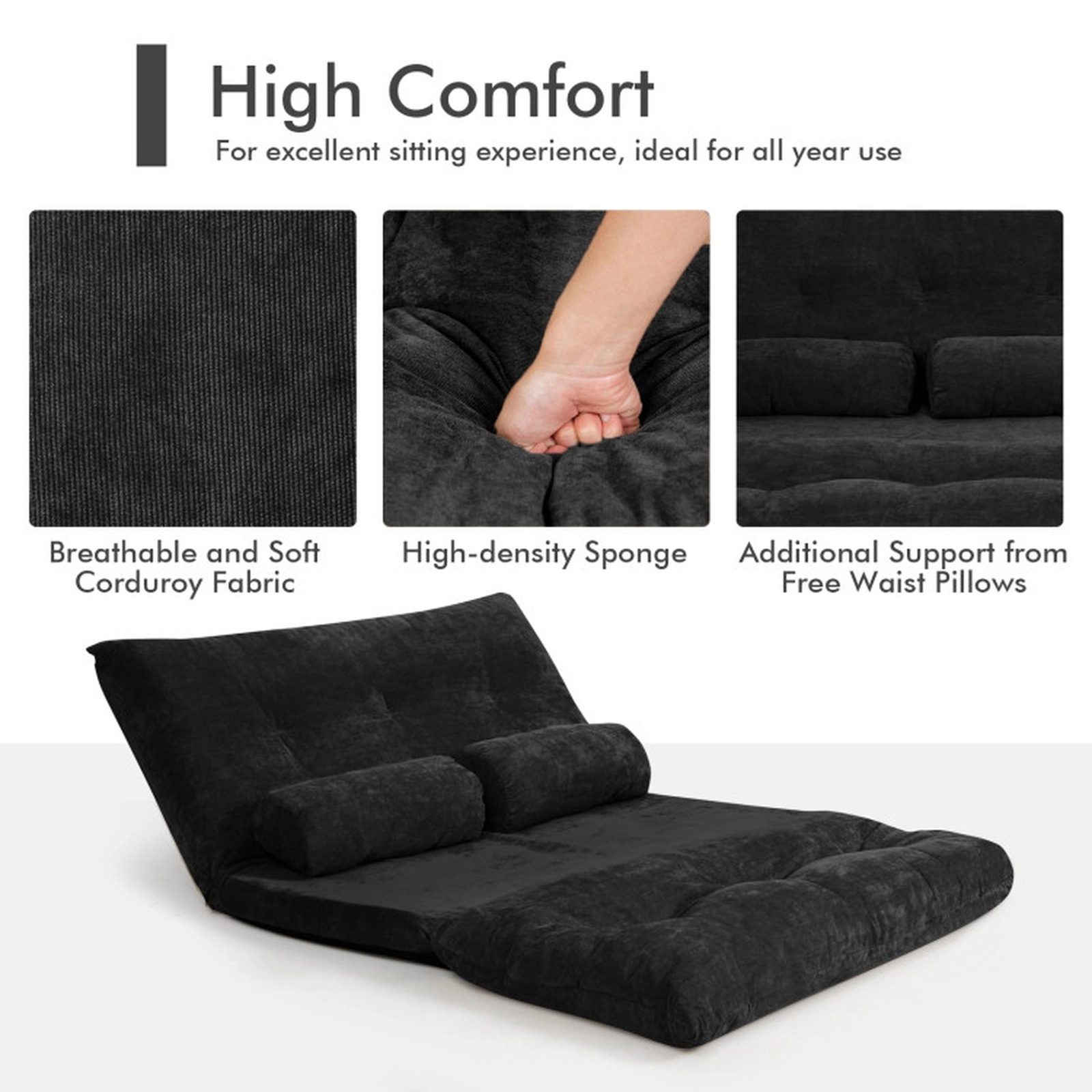 SUGIFT 6-Position 2 Pillows Ribbed Corduroy Convertible Floor Sofa Bed 71-in x 42.5-in x 7-in 330-lb Capacity Black