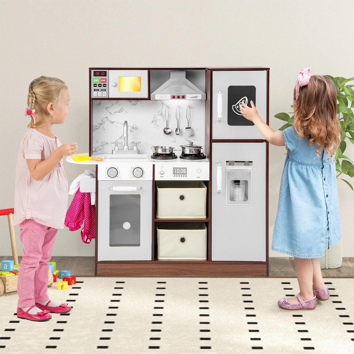 SUGIFT Kids Modern Toy Kitchen Playset with Attractive Lights and Sounds 35.5 x 11.5 x 35.5 in Ages 3+ Coffee