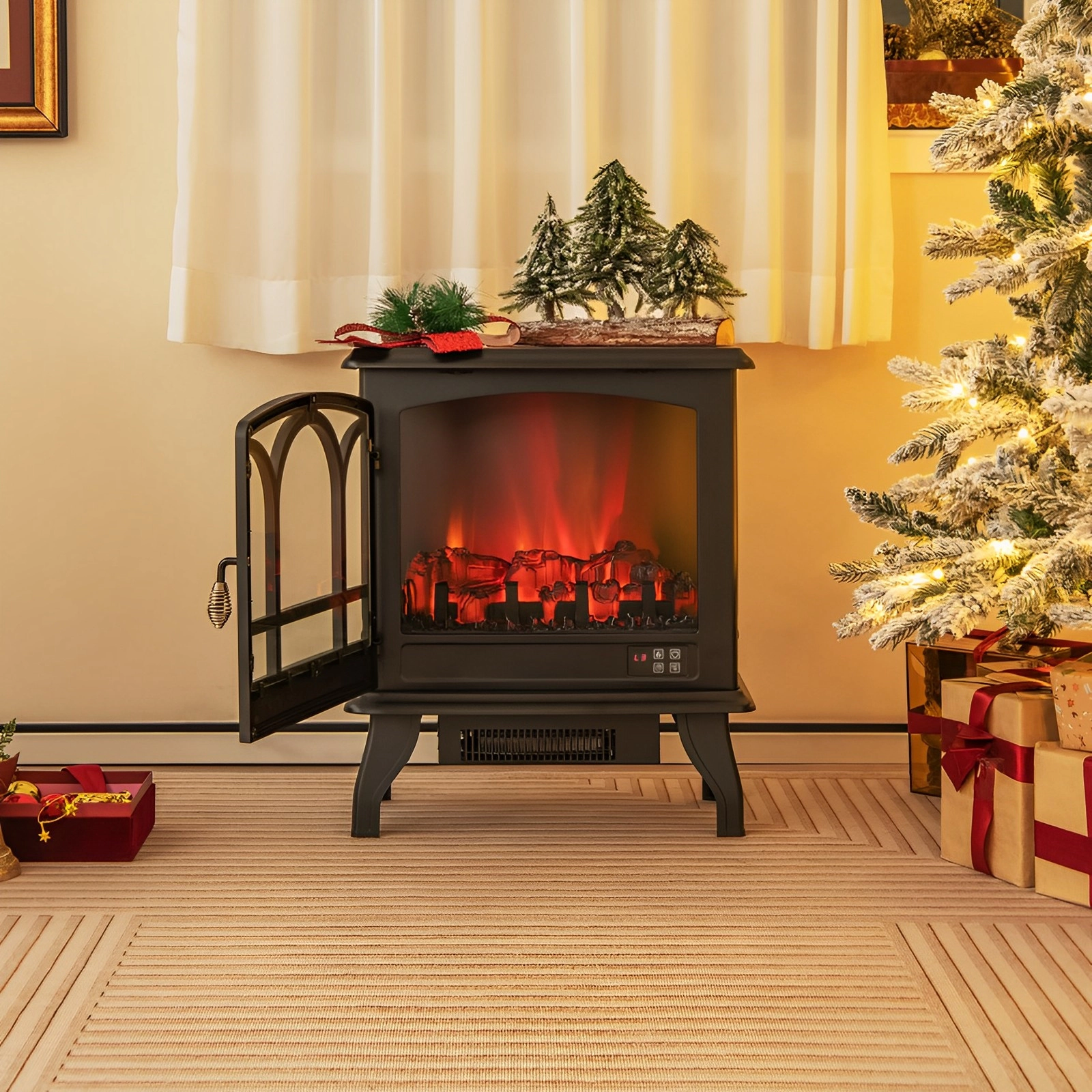 SUGIFT 1400W Freestanding Electric Fireplace Stove, 5000 BTU, 3-Sided Panoramic Flame View