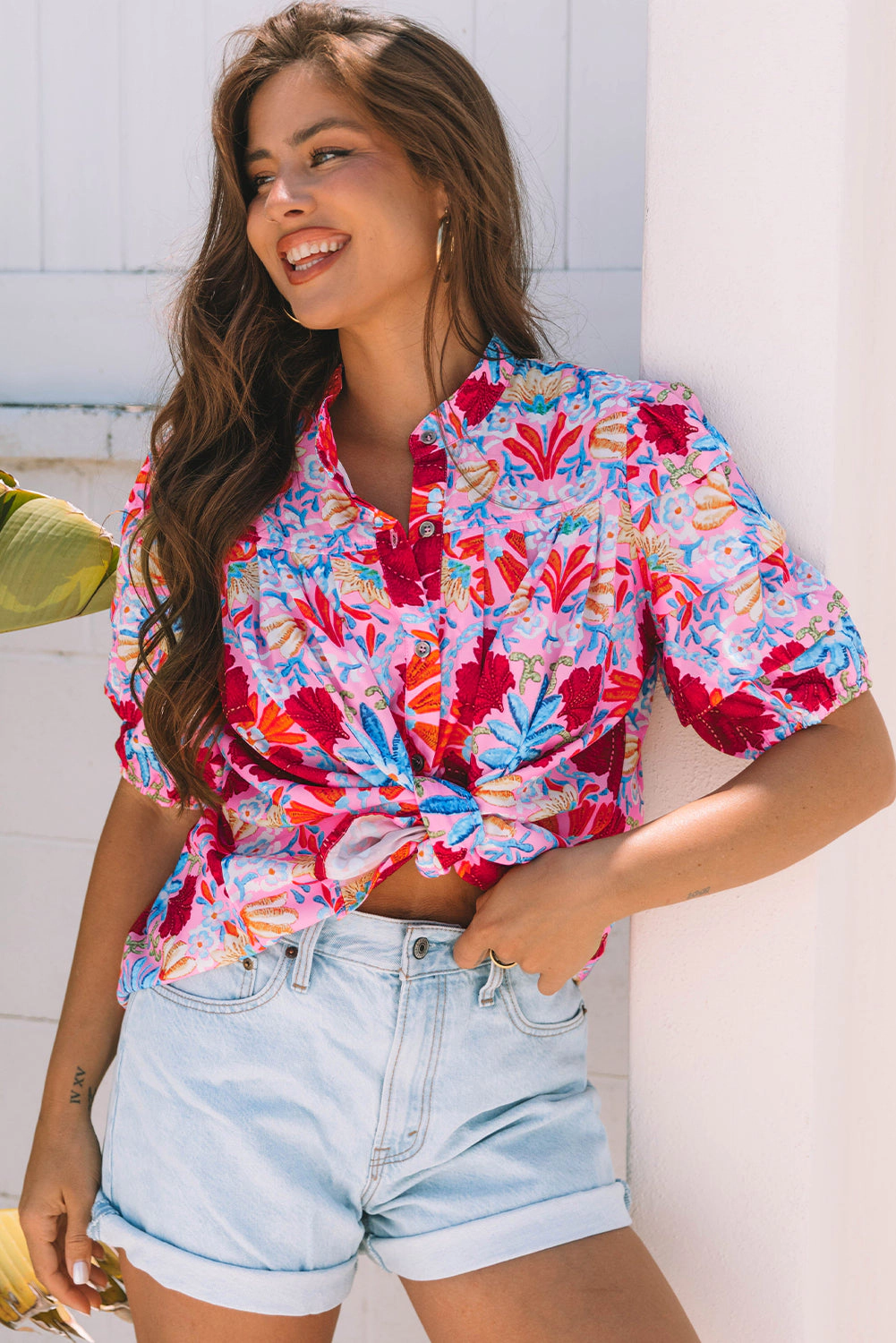 Threaded Pear Women's Mikaela Floral Bubble Sleeve Button Up Pleated Shirt