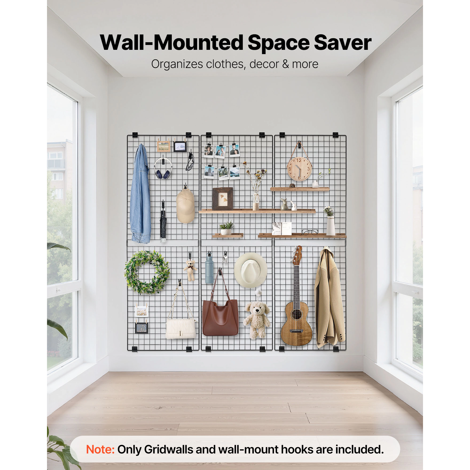 HONGGE Grid Wall Panels Wire Grid Panels Display Rack Movable Art Display Shelf with Wheels and Hooks Black Carbon