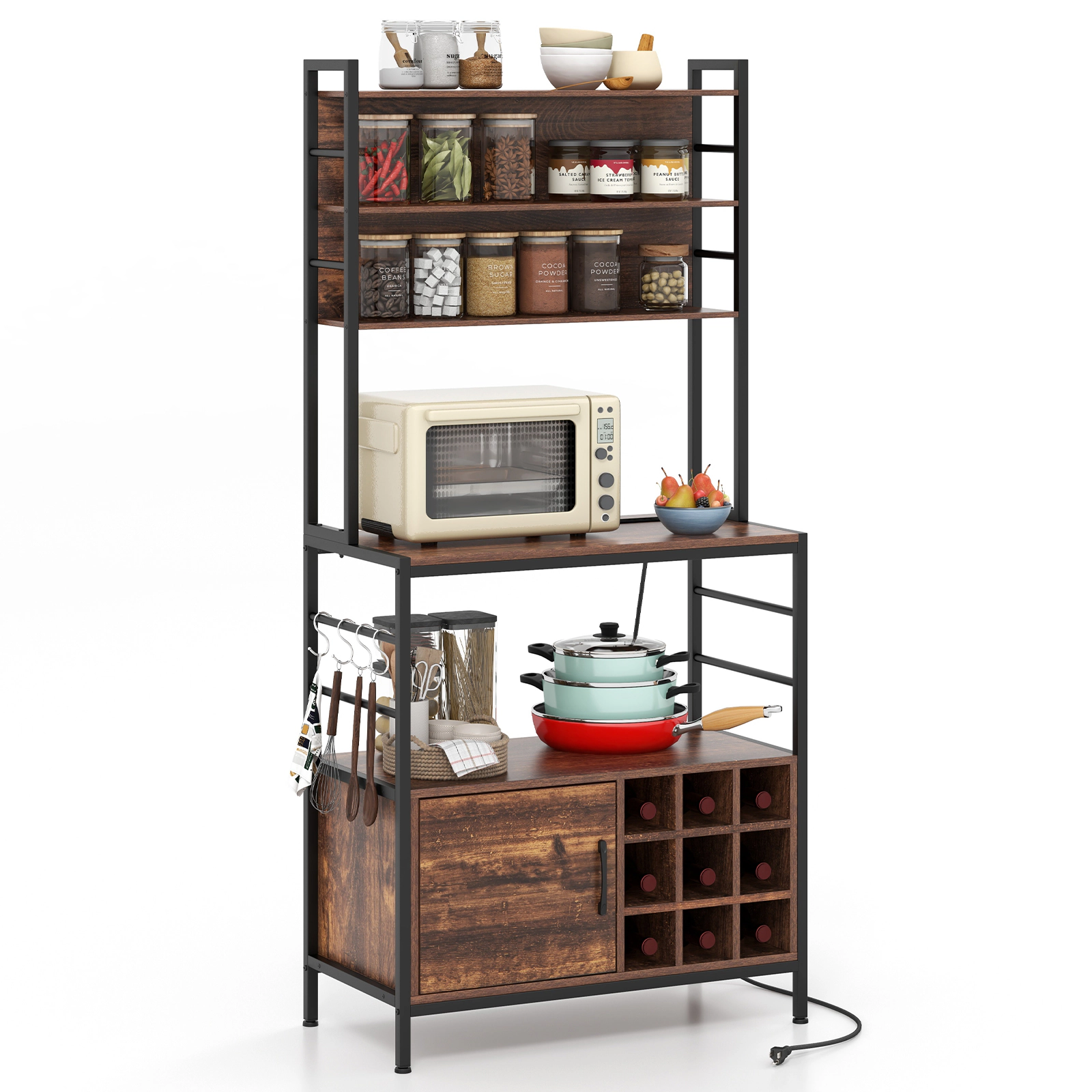 SUGIFT Coffee Bar Cabinet with Power Outlet, S-Shaped Hooks and Wine Bottle Holders 330-lb Capacity Rustic Brown