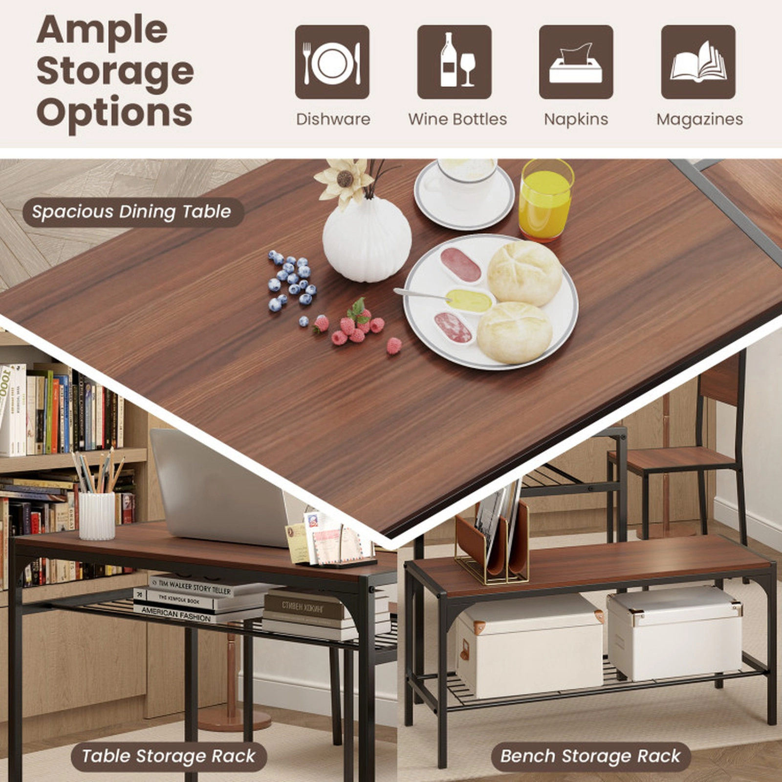 SUGIFT 4-Piece 43-Inch Industrial Dining Set with Table, Bench, 2 Chairs and Storage Shelves