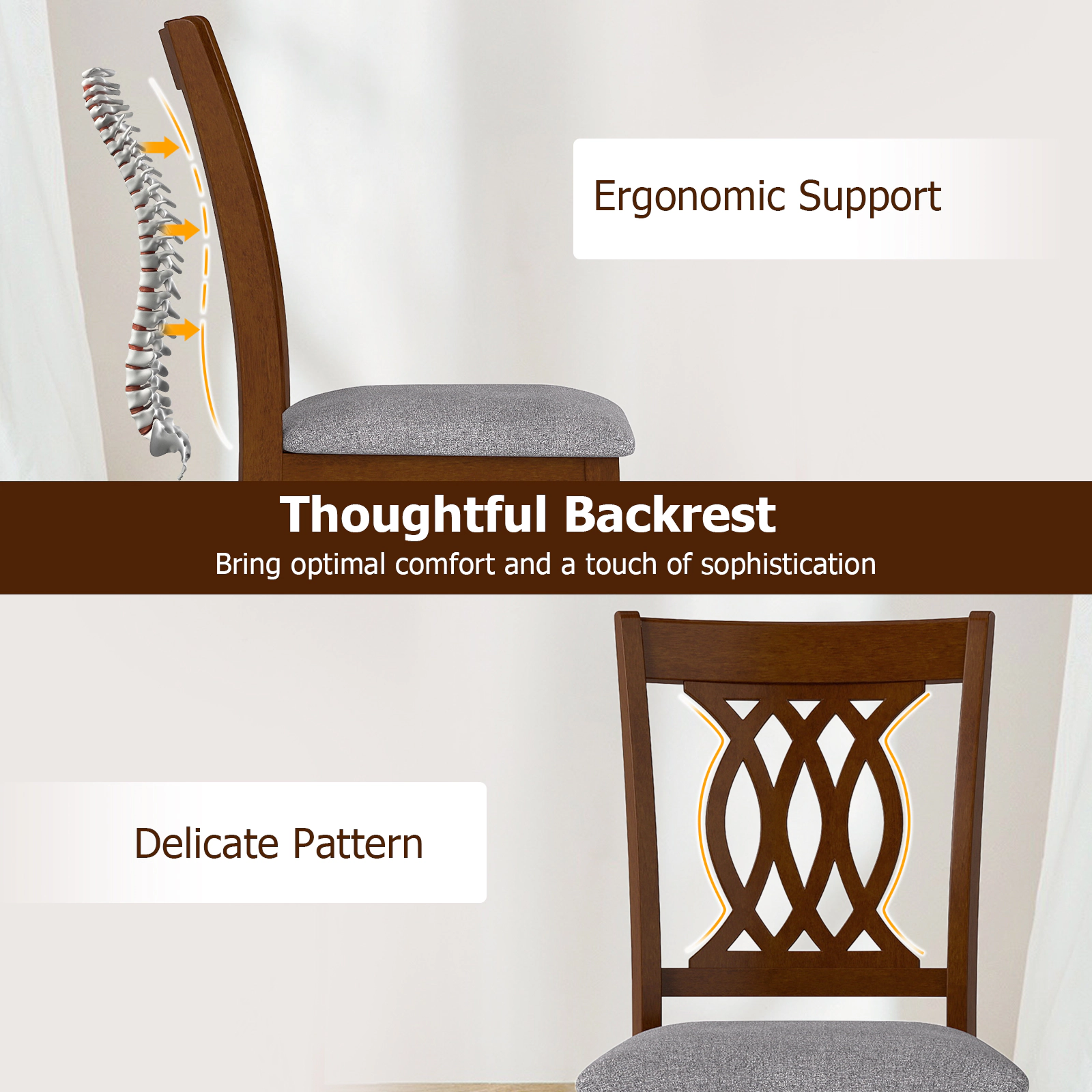 SUGIFT Set of 2 Armless Dining Room Chairs Padded Seat 330-lb Capacity 22-in Frame 19.5-in Seat Height Walnut & Gray