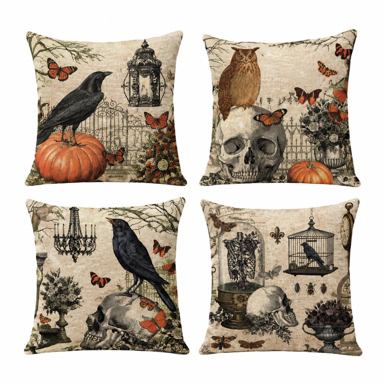 WZK Set of 4 Halloween Cotton Linen Throw Pillow Covers