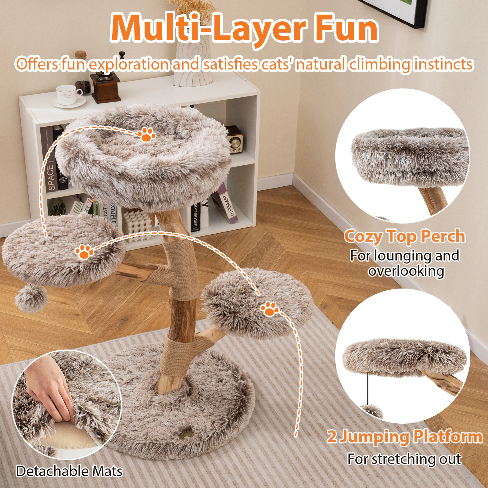 SUGIFT Brown Pear Wood Cat Tree with Plush Perch and Jute Scratching Posts 19.5-in Dia 35.5-in H 22-lb Per Layer