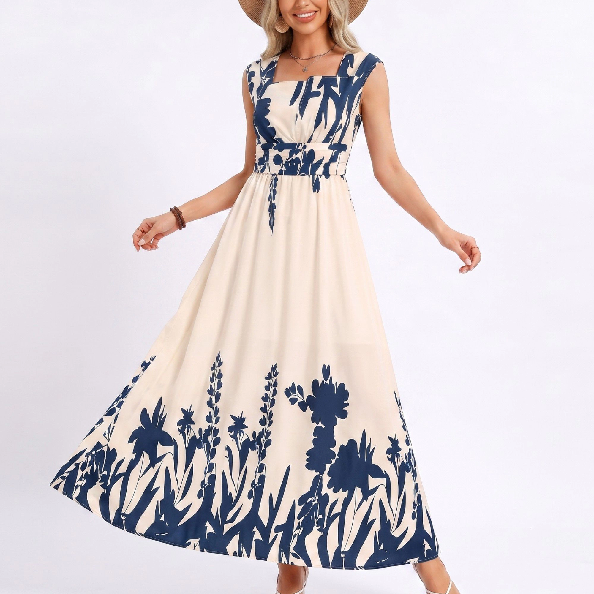 Anna-Kaci Women's Border Print Square Neck Sleeveless A-Line Maxi Dress