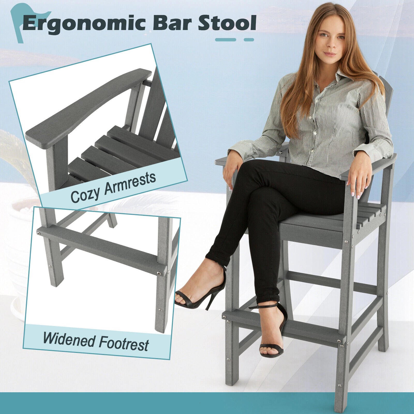 SUGIFT All-Weather Counter-Height HDPE Bar Stool with Armrests and Footrest 30-in Seat Height 360-lb Capacity Gray