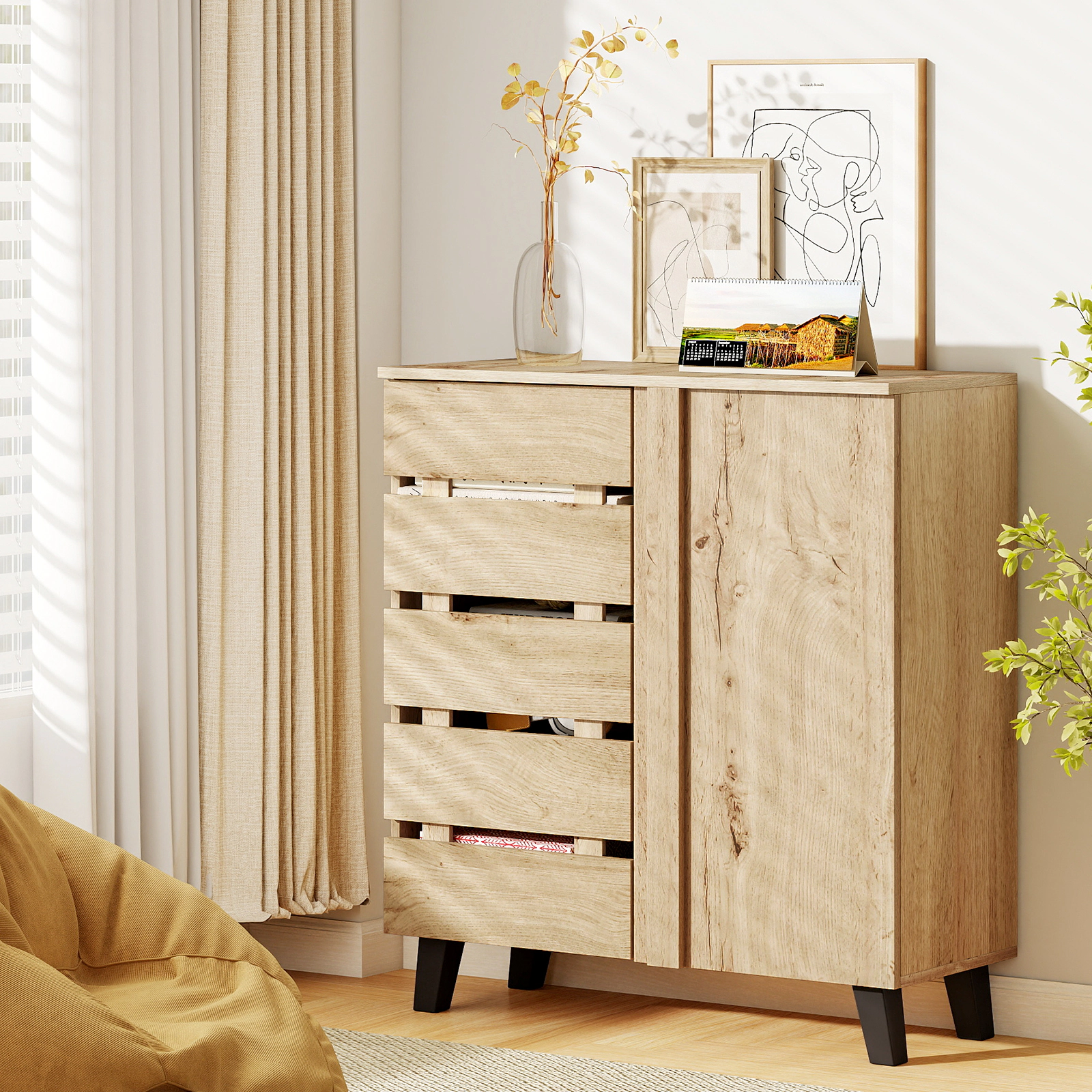 SUGIFT 4-Tier Shoe Cabinet Natural 2-Door Storage Organizer with Louvered Door