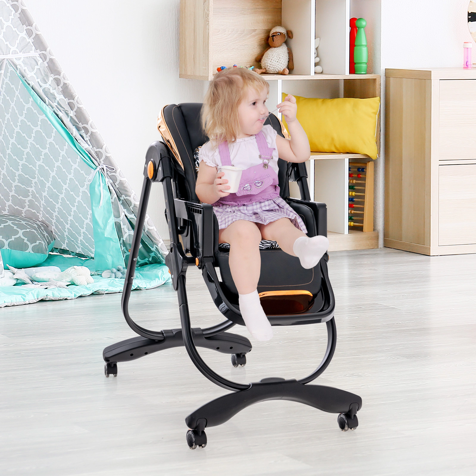 SUGIFT Folding Baby Dining High Chair with Adjustable Height and Recline 50-lb Capacity Ages 6-36 Months Gray/Black
