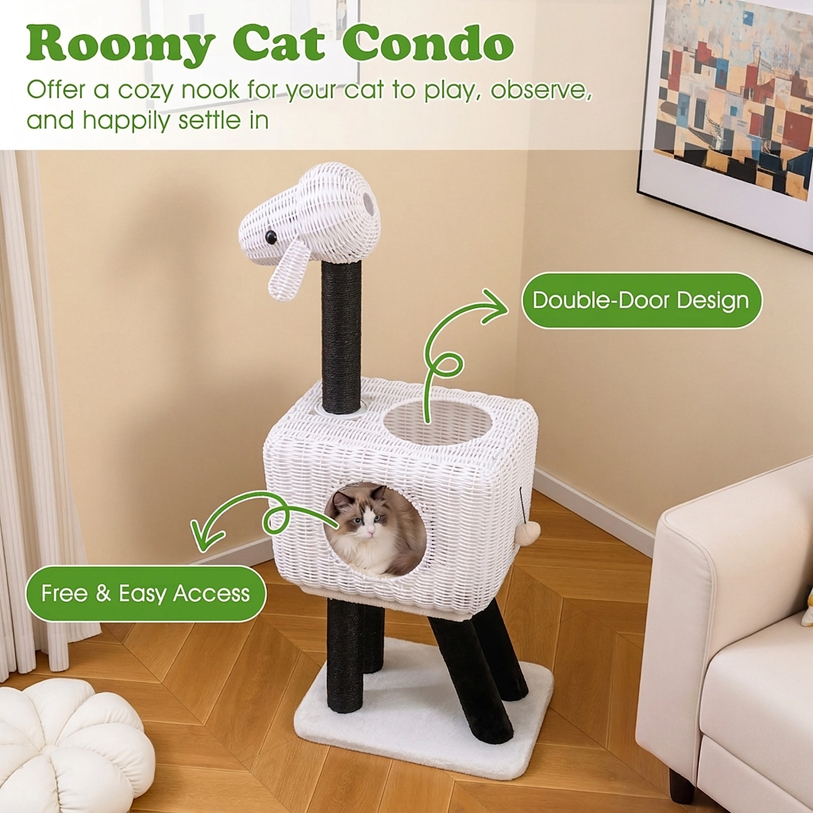SUGIFT 43-in Lamb-Shaped Cat Tree Tower with 2-Door PE Rattan Condo Sisal Posts and 44-lb Rated Condo