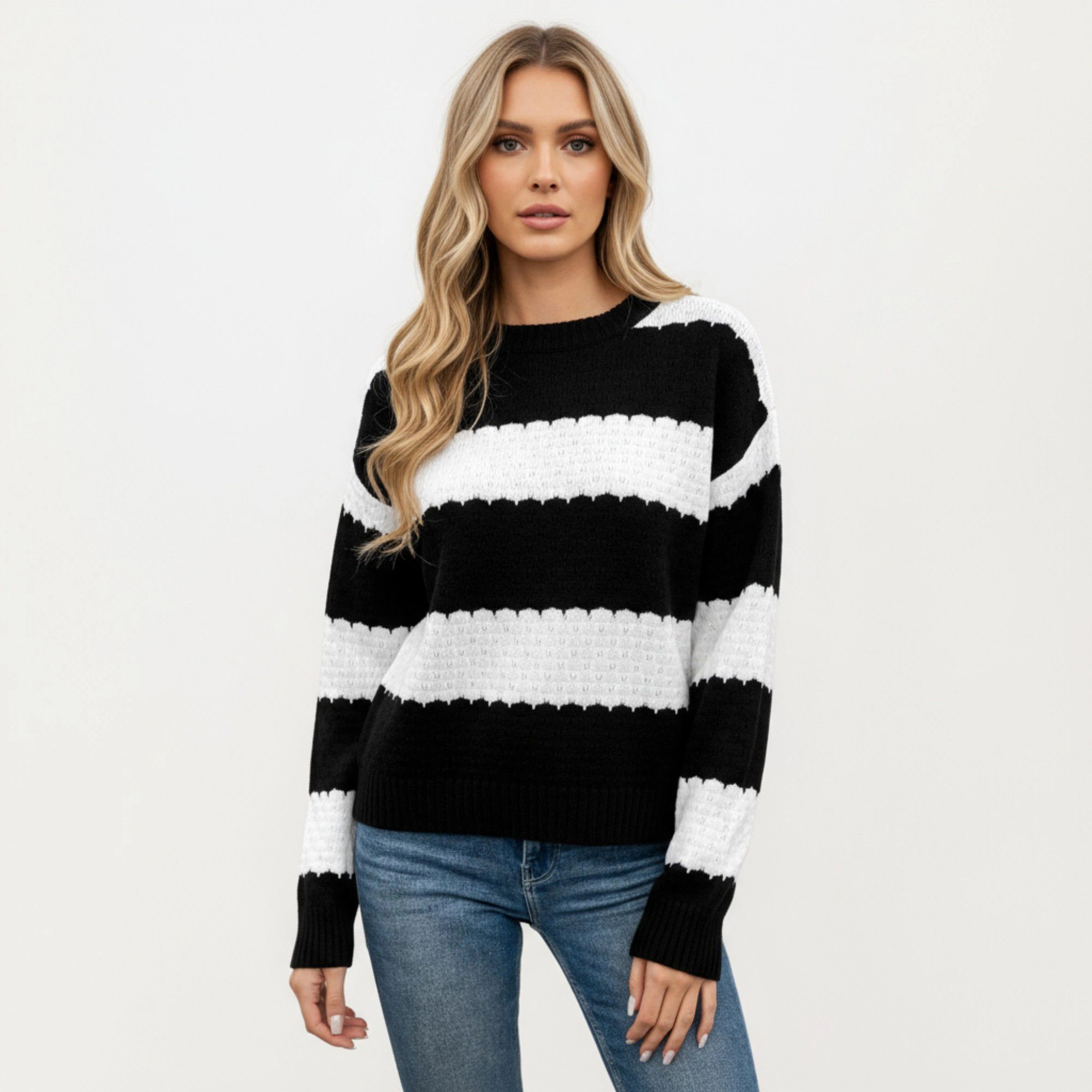 Anna-Kaci Women's Long Sleeve Knit Sweater with Bold Horizontal Stripes and Ribbed Trim